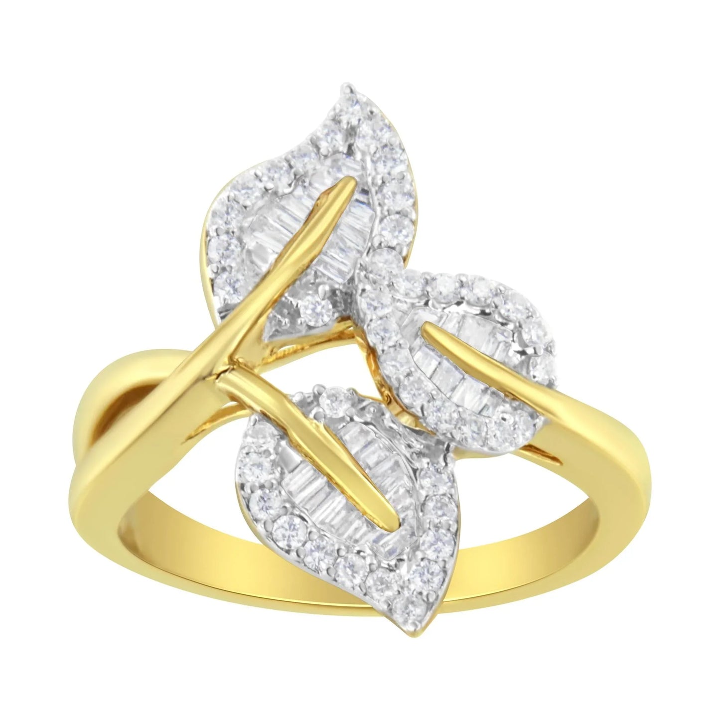 18K Gold Plated Sterling Silver Diamond Triple Leaf Ring 3/8 Ct Baguette
