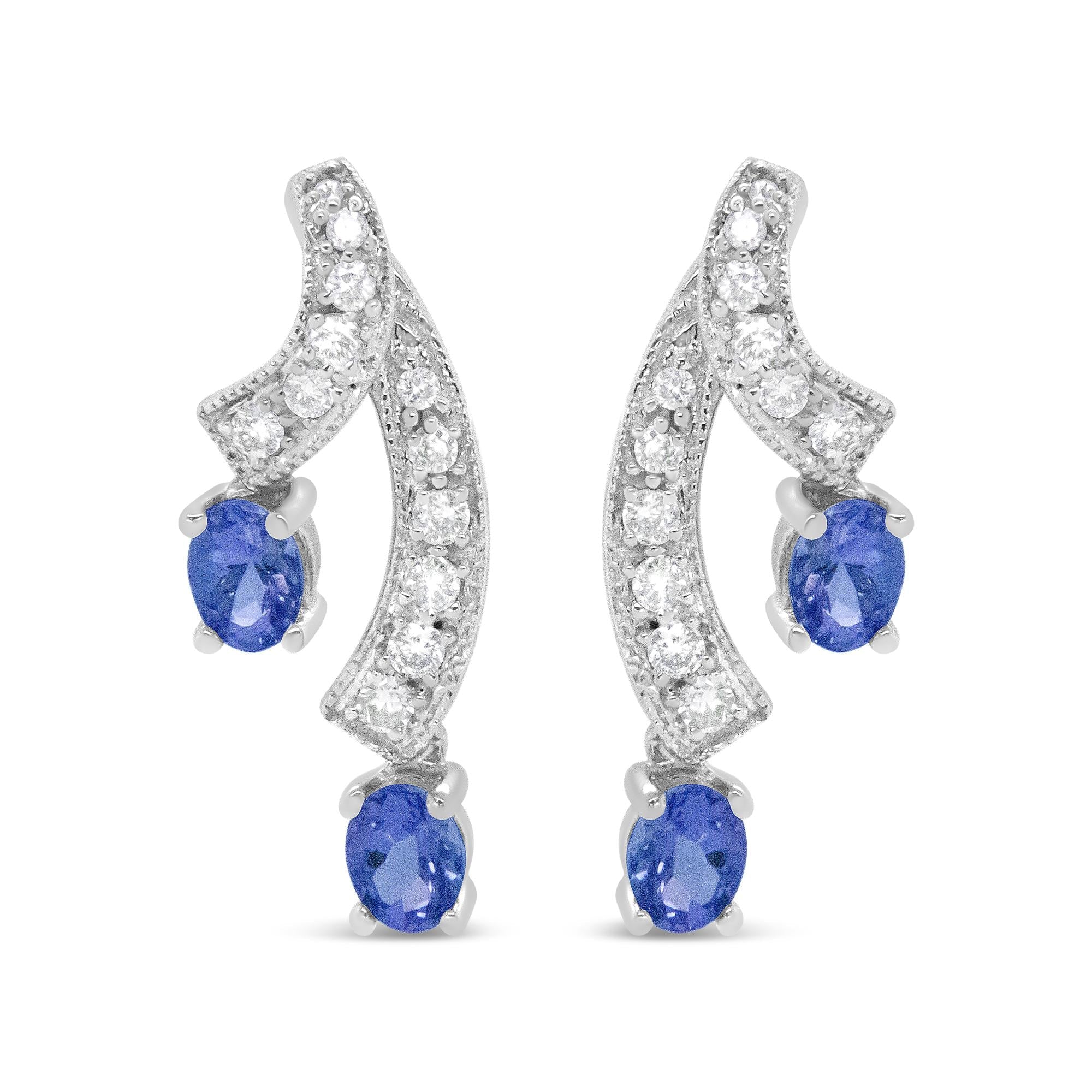 14K White Gold 4x3MM Oval Shaped Natural Blue Tanzanite Gemstone and 1/5 Cttw Diamond Double 3/4" Inch Drop Stud Earring