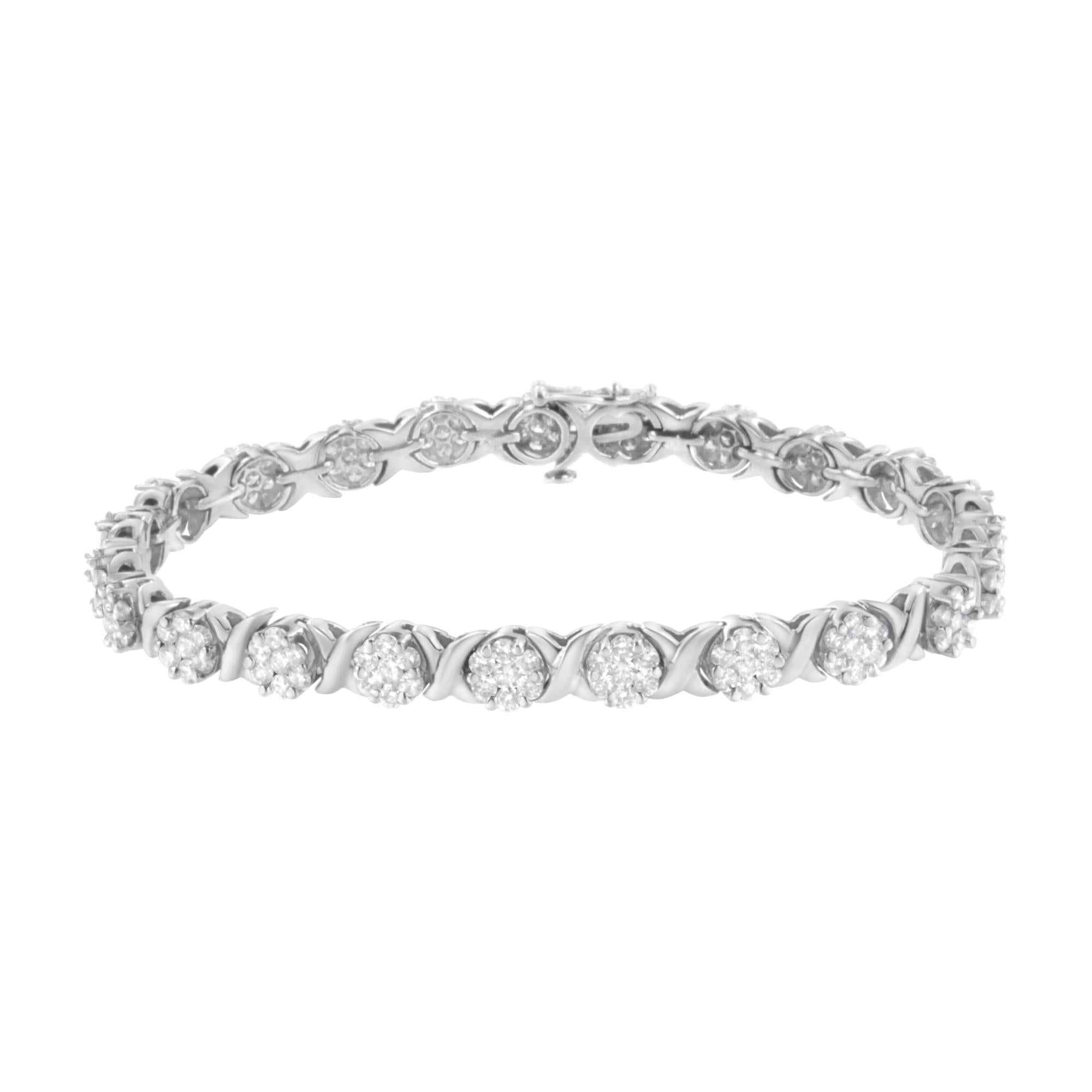 14K White Gold Round Diamond Cluster & X-Link 7" Tennis Bracelet - Luxury Jewelry