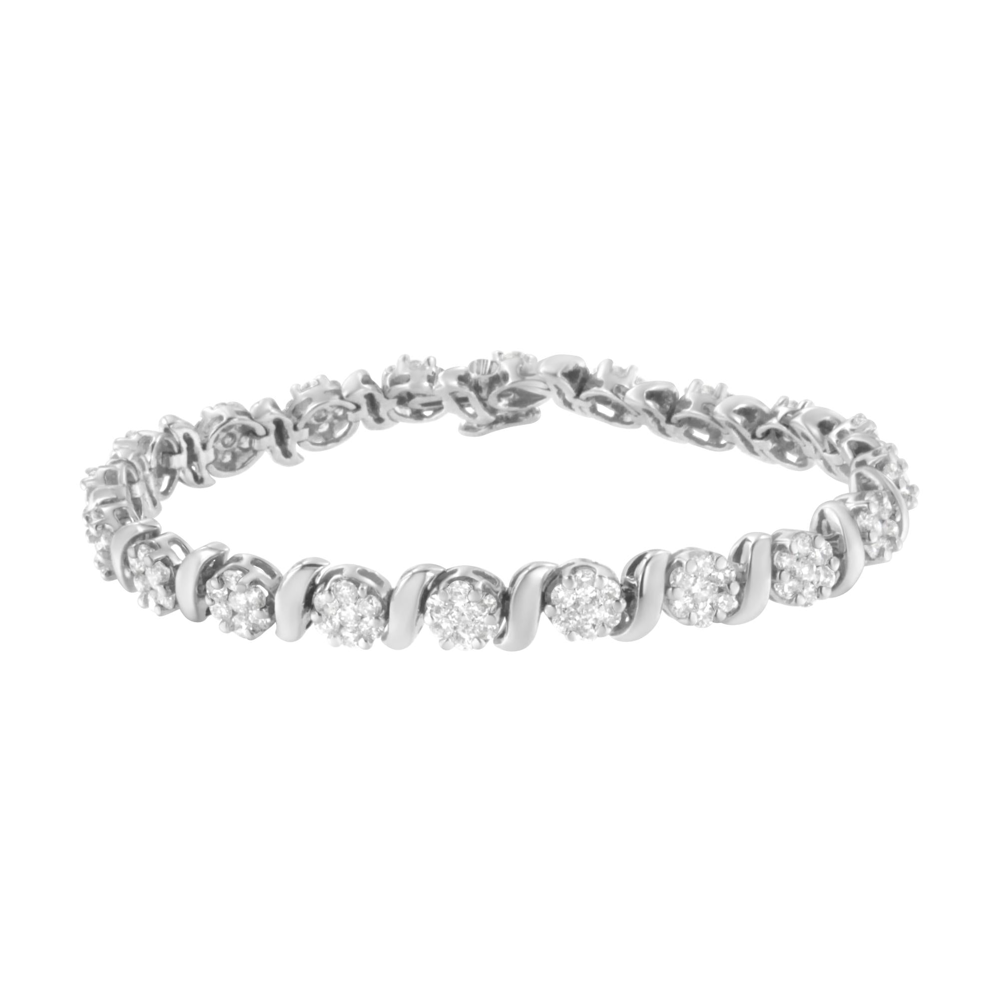 14K White Gold Diamond S-Link Floral Cluster Tennis Bracelet - Luxury Jewelry