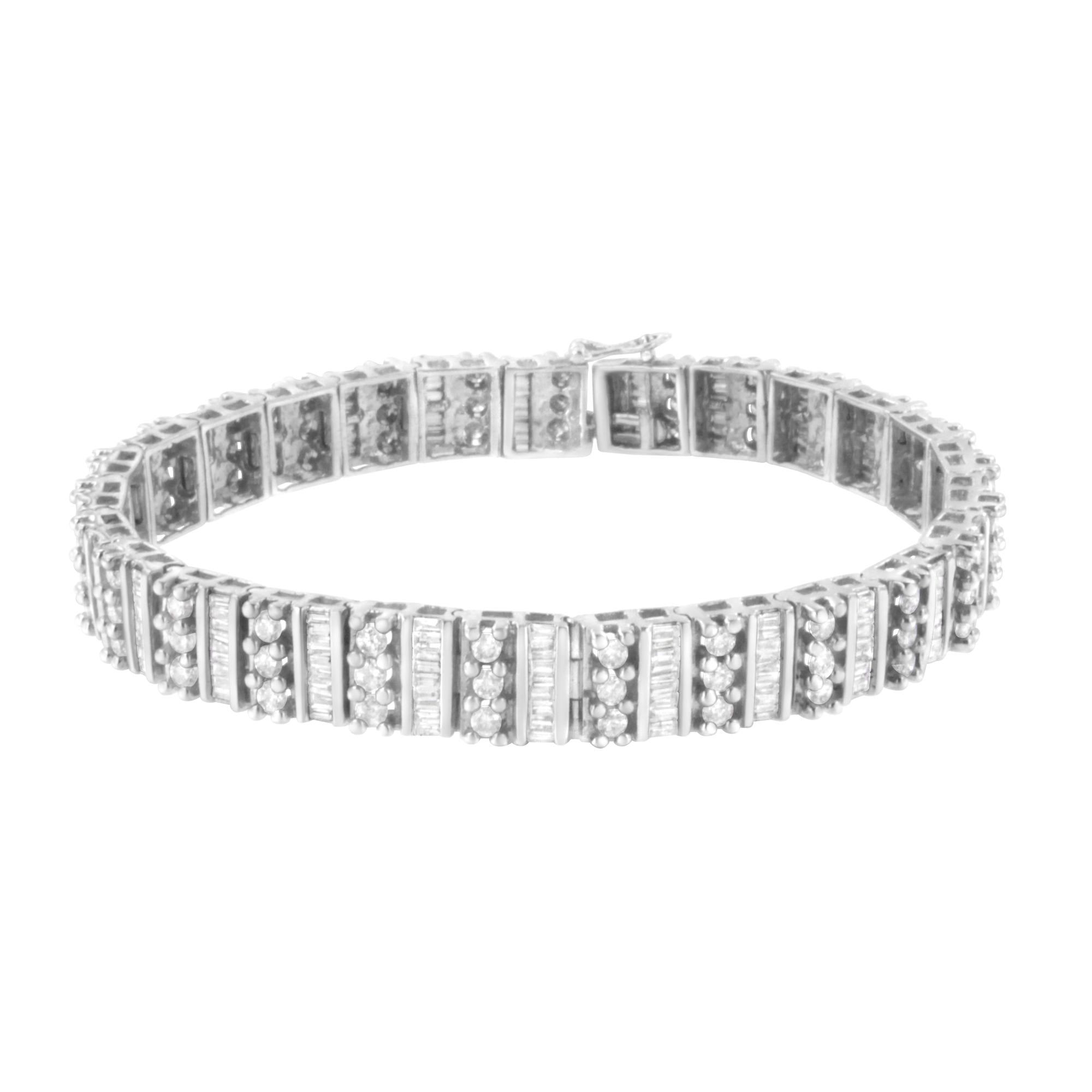 14K White Gold Baguette & Round Diamond Tennis Bracelet - Luxury Jewelry