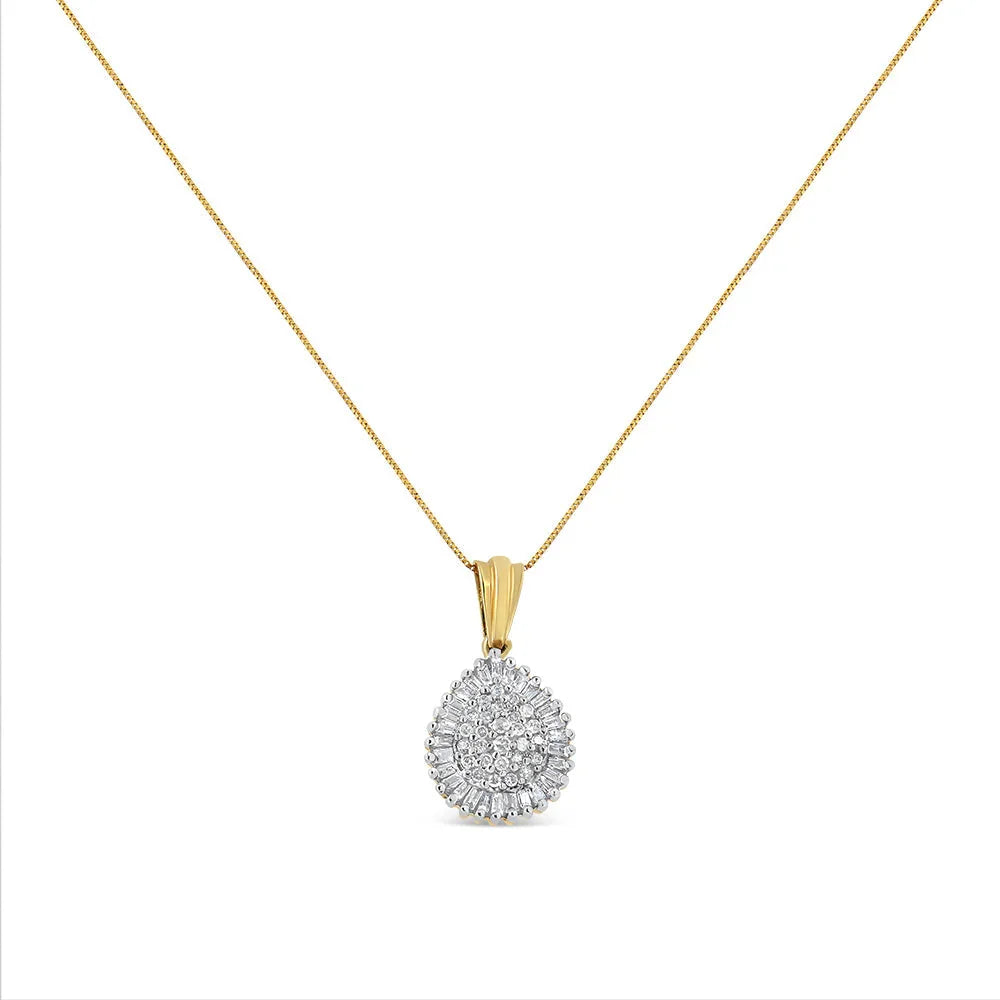 10K Gold 1/2 Cttw Round Bagutte-Cut Diamond Teardrop 18" Pendant Necklace