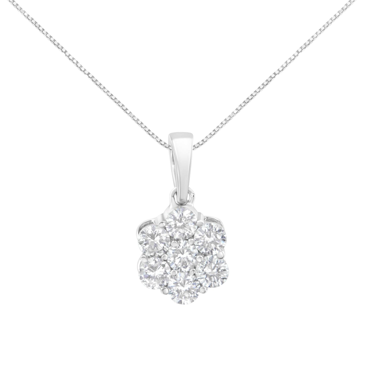 14K White Gold 1 Ct Round Diamond Flower Pendant Necklace 18" 7-Stone F-G