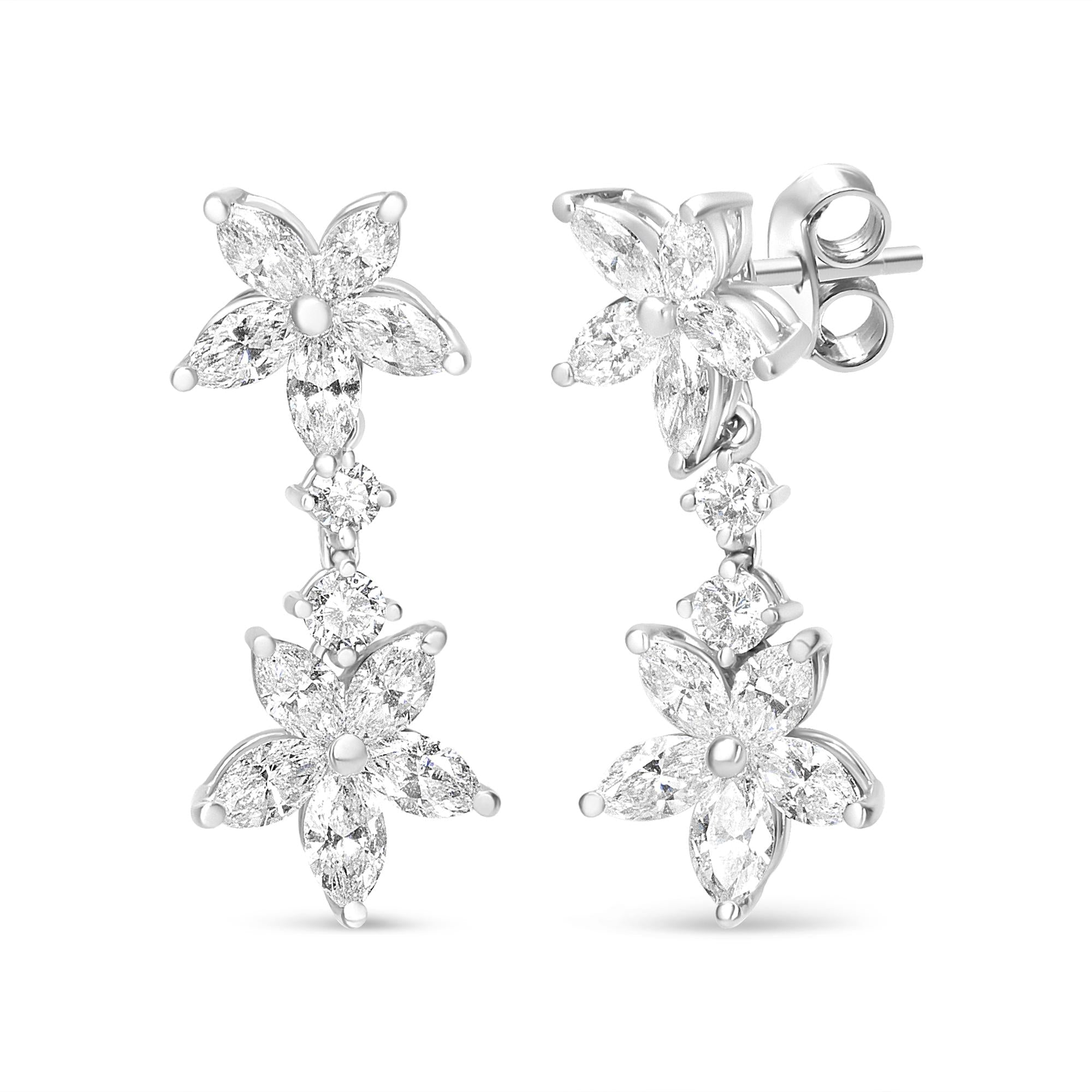 18K White Gold Marquise Diamond Floral Dangle Drop Earrings - Luxury Jewelry
