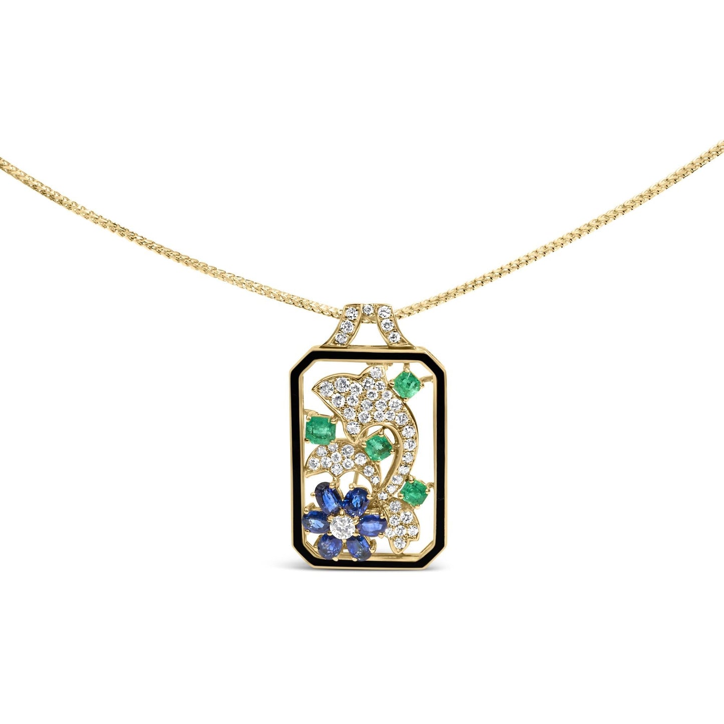 18K Yellow Gold Diamond, Sapphire & Emerald Dolphin Dog Tag Pendant Necklace