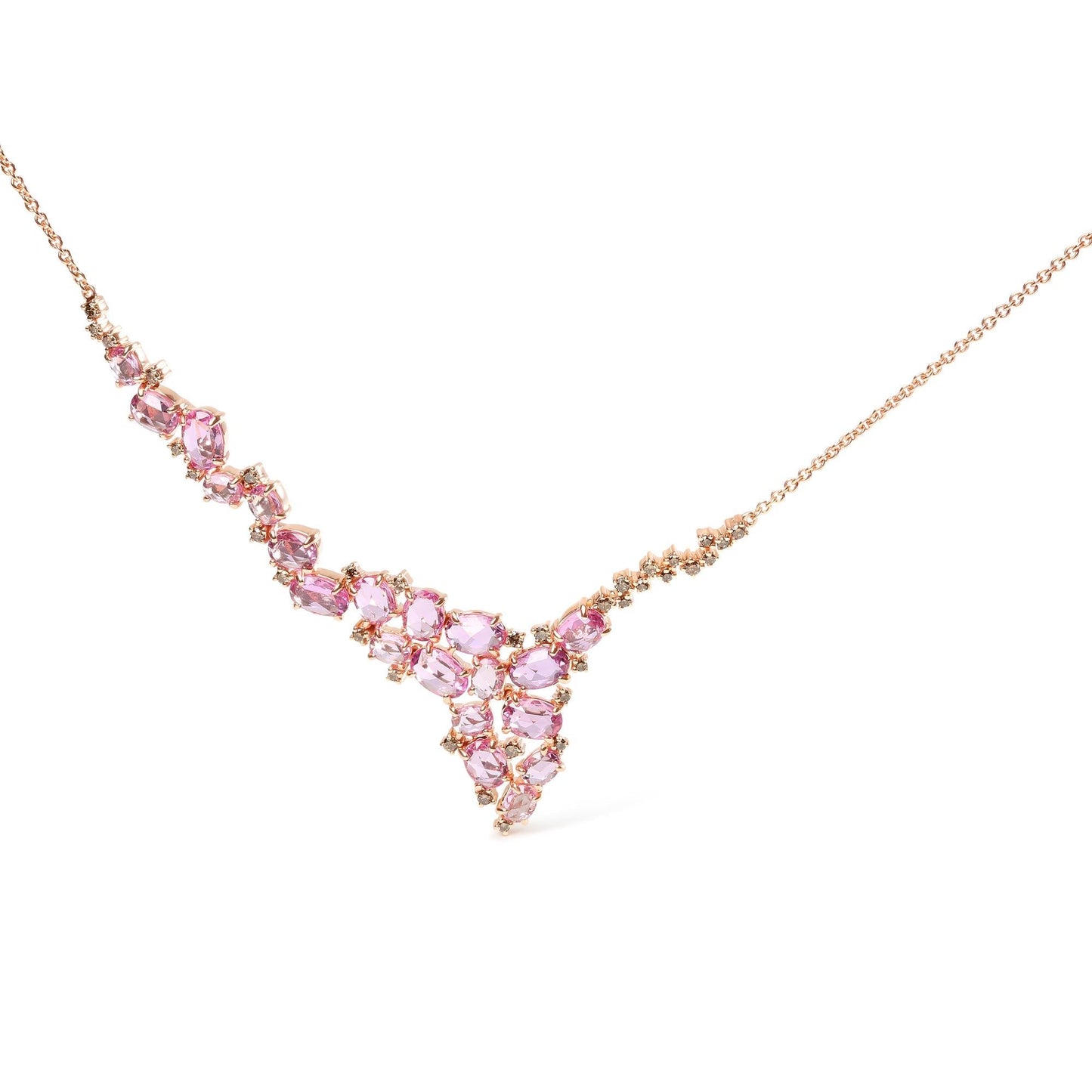 18K Rose Gold Brown Diamond Pink Sapphire Cluster Necklace 1/2 Ct Statement