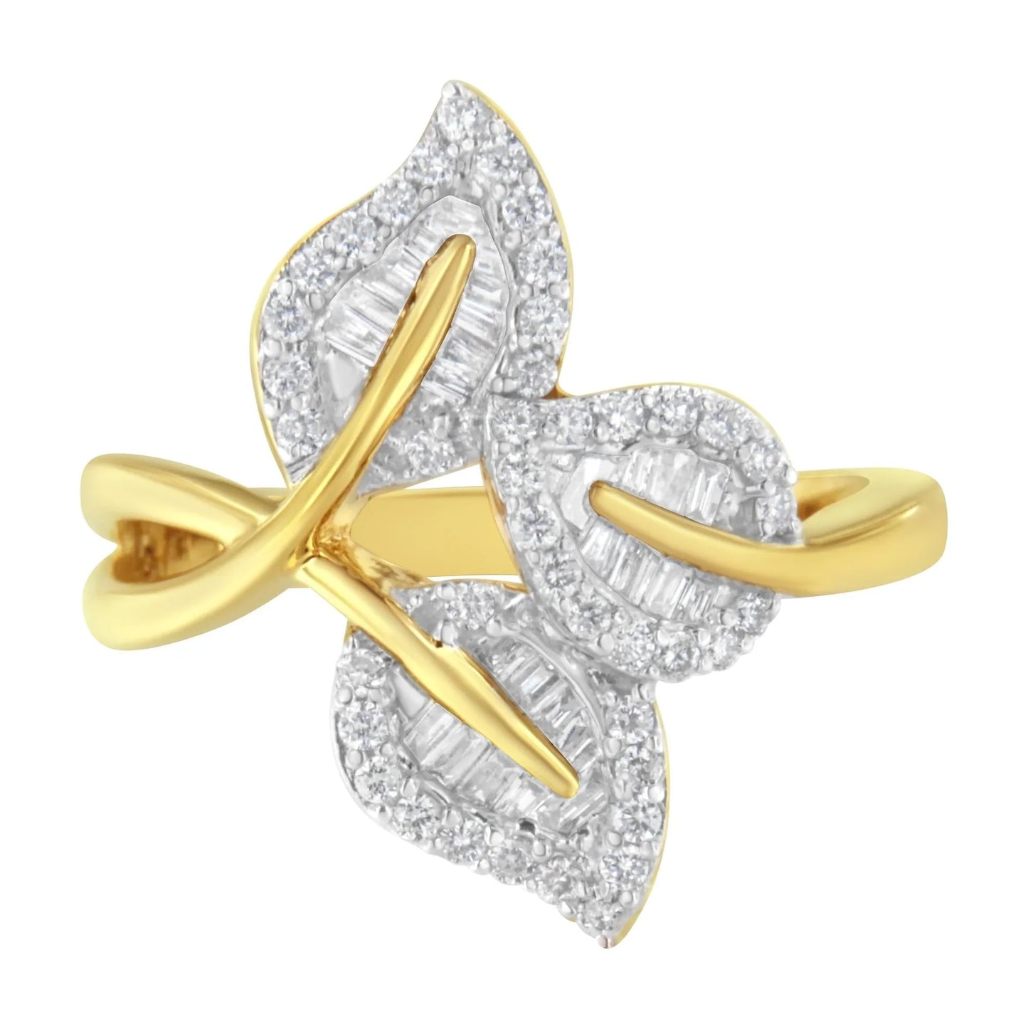 18K Gold Plated Sterling Silver Diamond Triple Leaf Ring 3/8 Ct Baguette