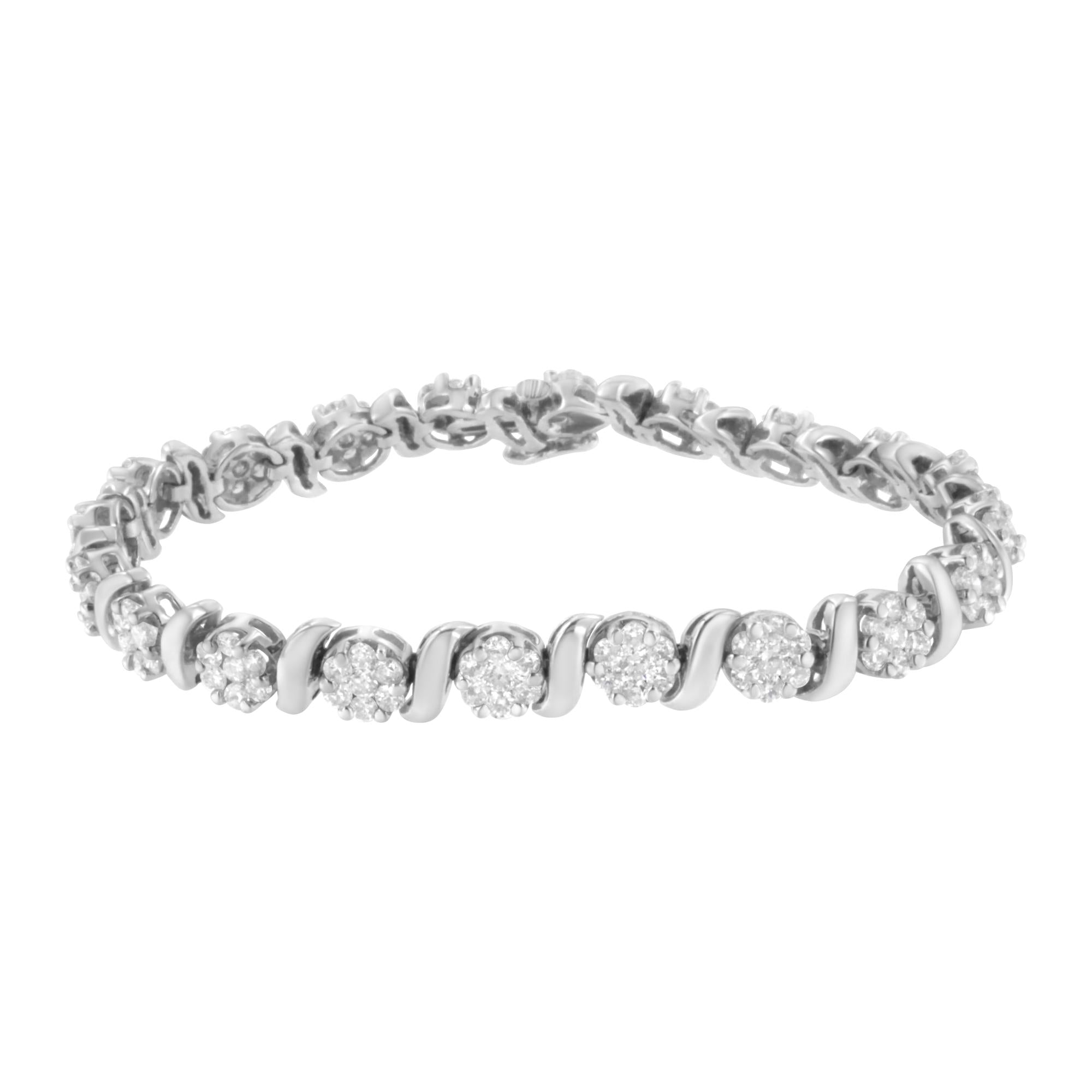 14K White Gold Diamond S-Link Floral Cluster Tennis Bracelet - Luxury Jewelry