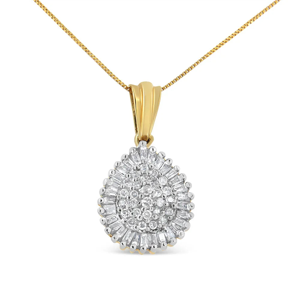 10K Gold 1/2 Cttw Round Bagutte-Cut Diamond Teardrop 18" Pendant Necklace