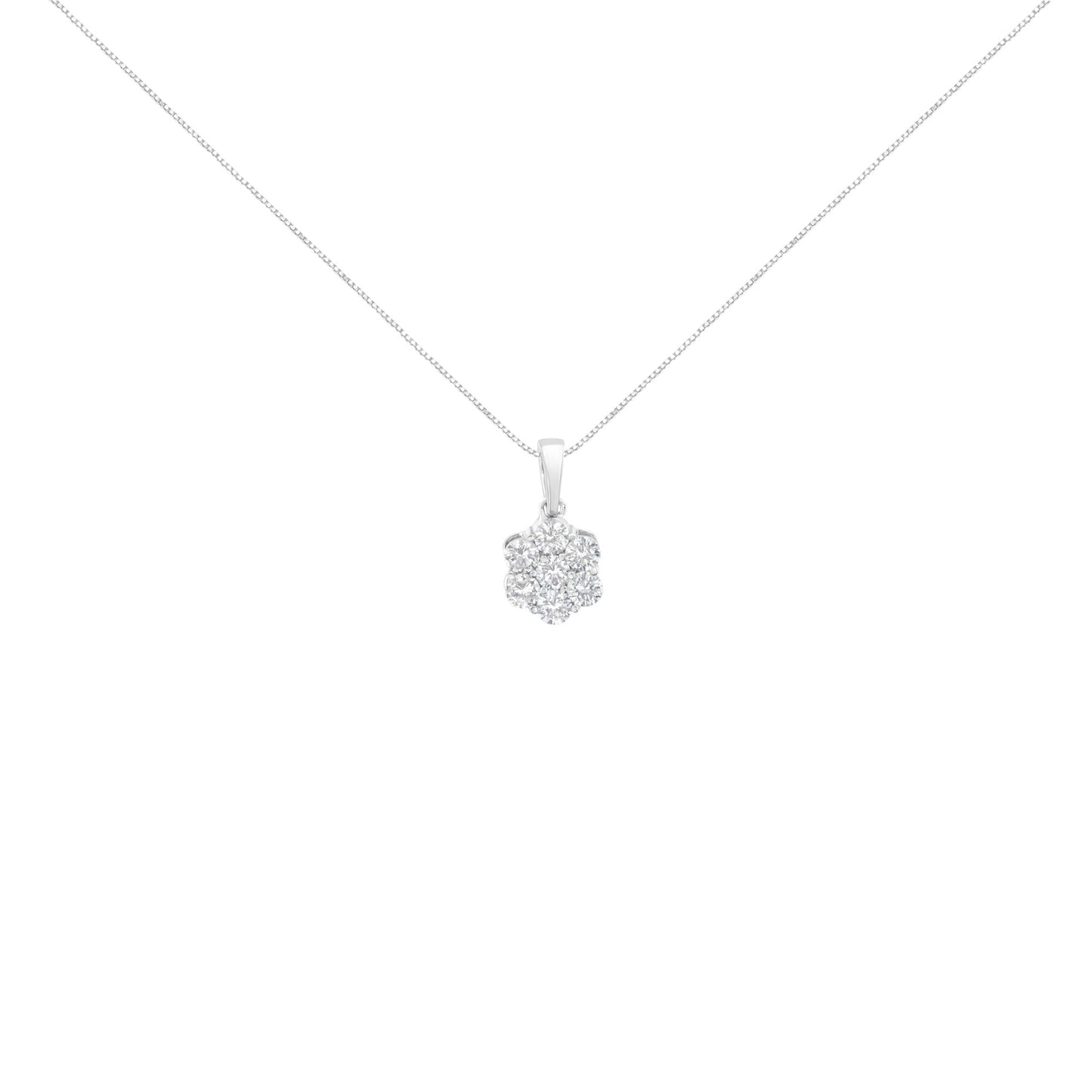 14K White Gold 1 Ct Round Diamond Flower Pendant Necklace 18" 7-Stone F-G