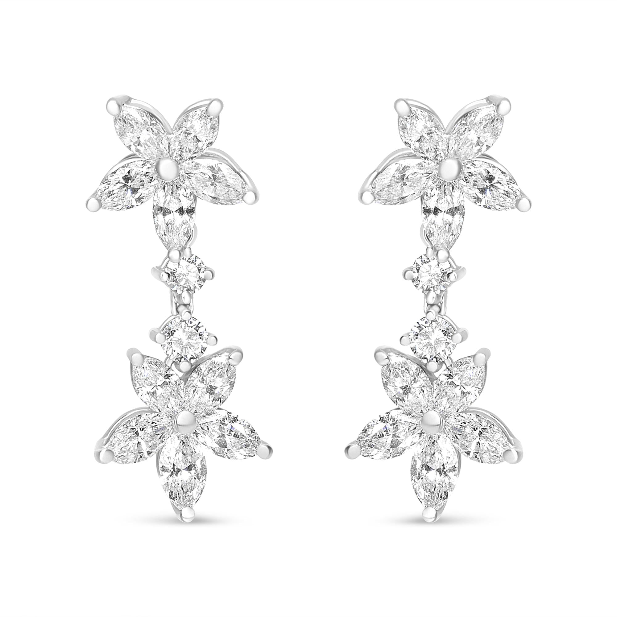 18K White Gold Marquise Diamond Floral Dangle Drop Earrings - Luxury Jewelry