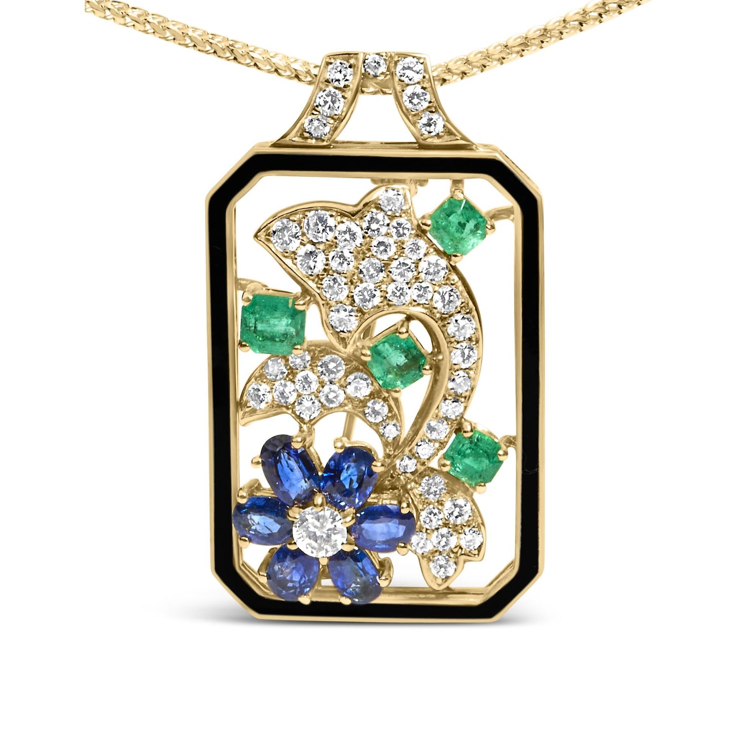 18K Yellow Gold Diamond, Sapphire & Emerald Dolphin Dog Tag Pendant Necklace