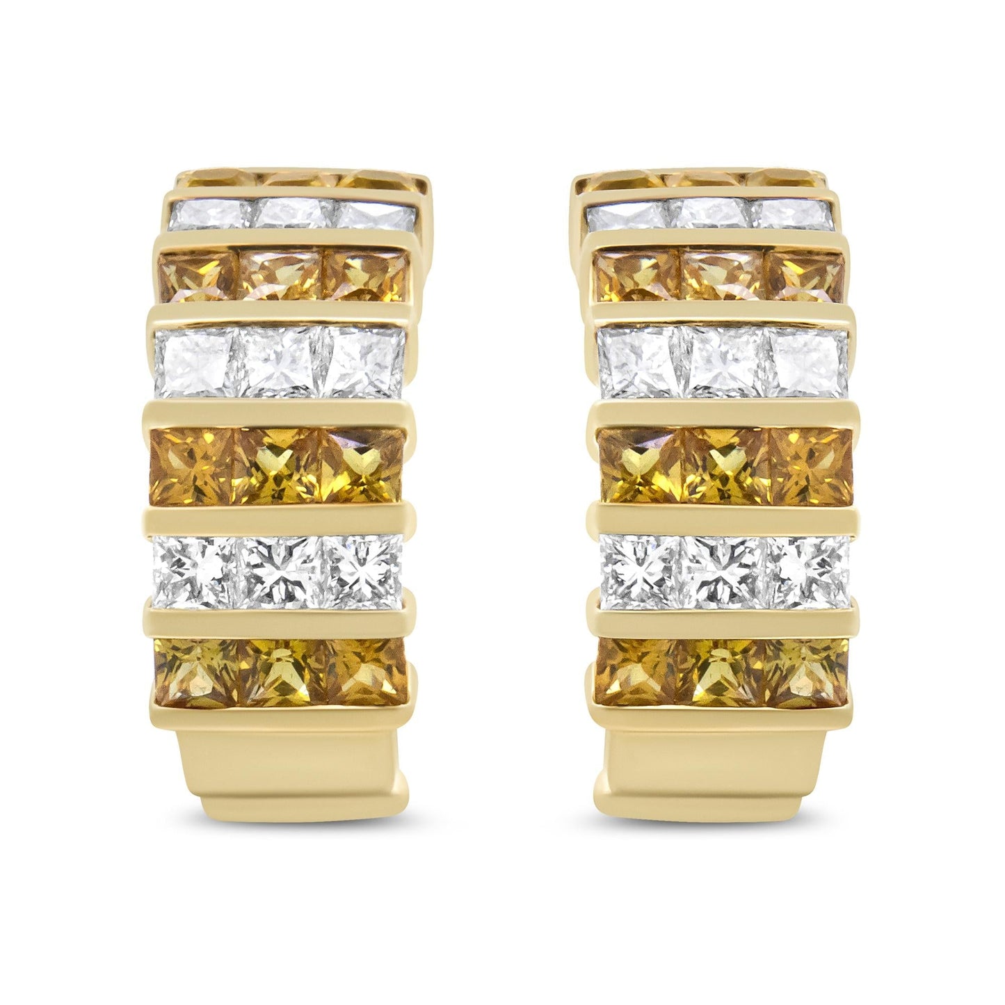 18K Yellow Gold 1 3/4 Cttw Princess Cut Diamond & Yellow Sapphire Hoop Earrings