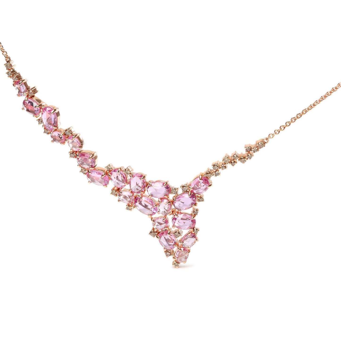 18K Rose Gold Brown Diamond Pink Sapphire Cluster Necklace 1/2 Ct Statement