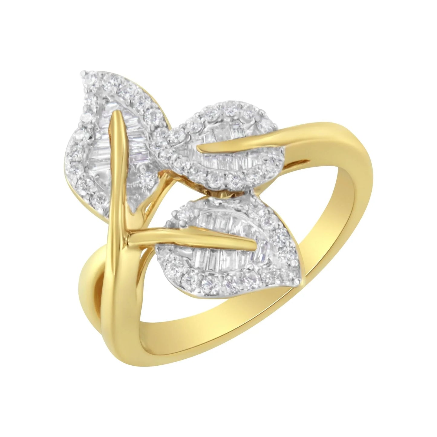 18K Gold Plated Sterling Silver Diamond Triple Leaf Ring 3/8 Ct Baguette