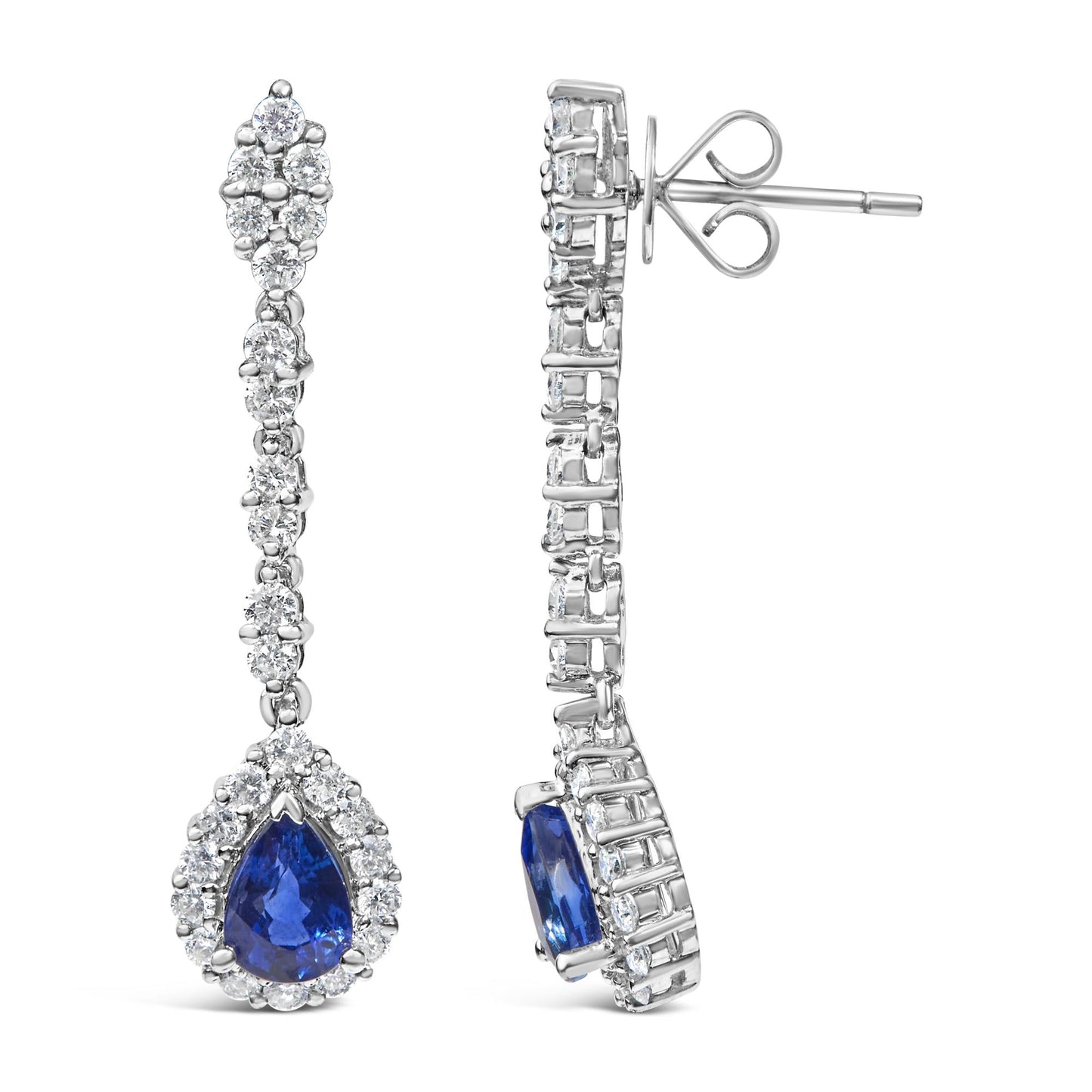 18K White Gold Diamond & Blue Sapphire Drop Halo Earrings - Luxury Jewelry