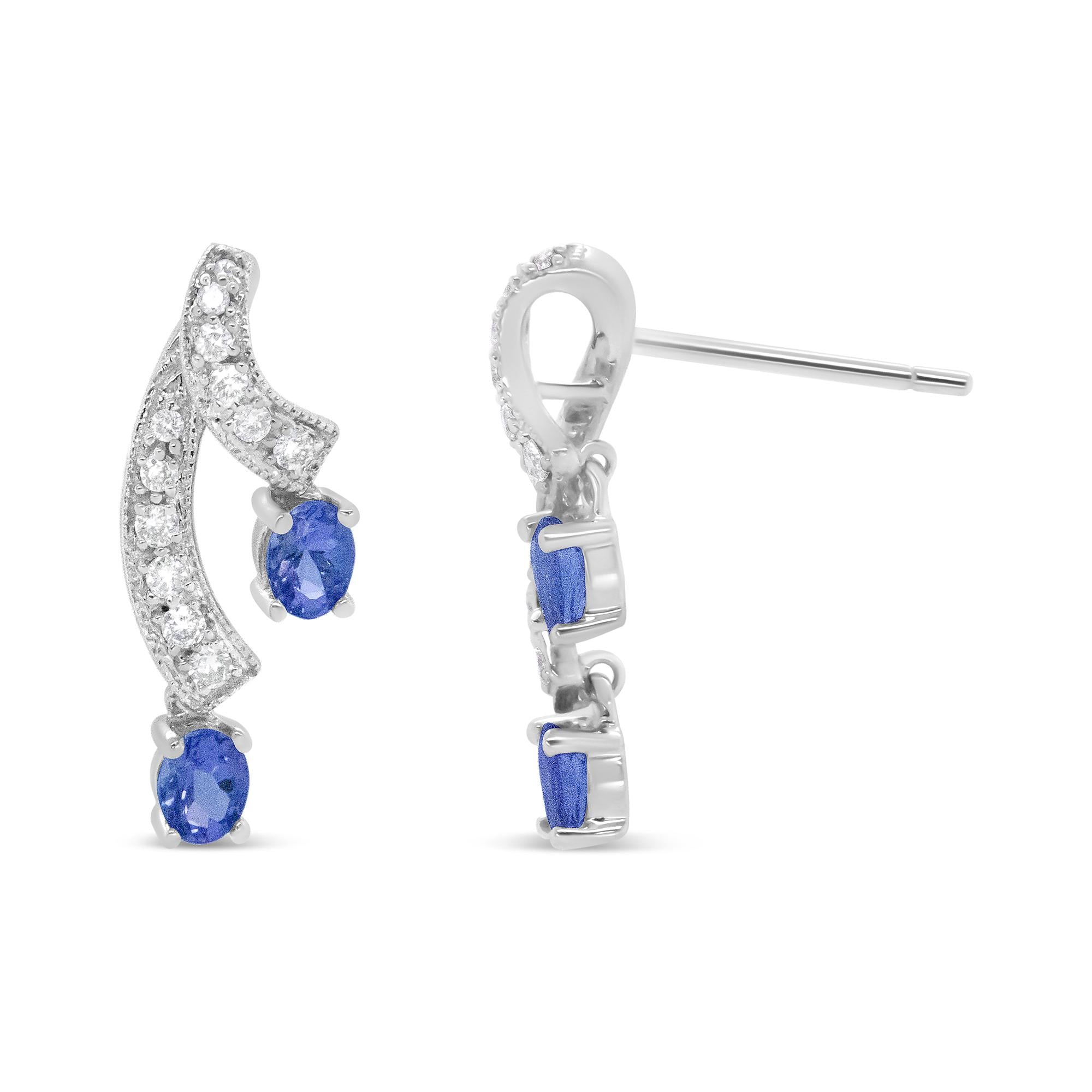 14K White Gold 4x3MM Oval Shaped Natural Blue Tanzanite Gemstone and 1/5 Cttw Diamond Double 3/4" Inch Drop Stud Earring
