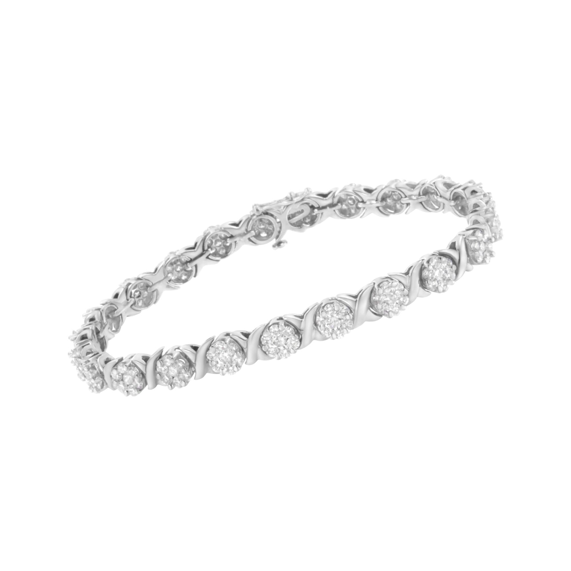 14K White Gold Round Diamond Cluster & X-Link 7" Tennis Bracelet - Luxury Jewelry