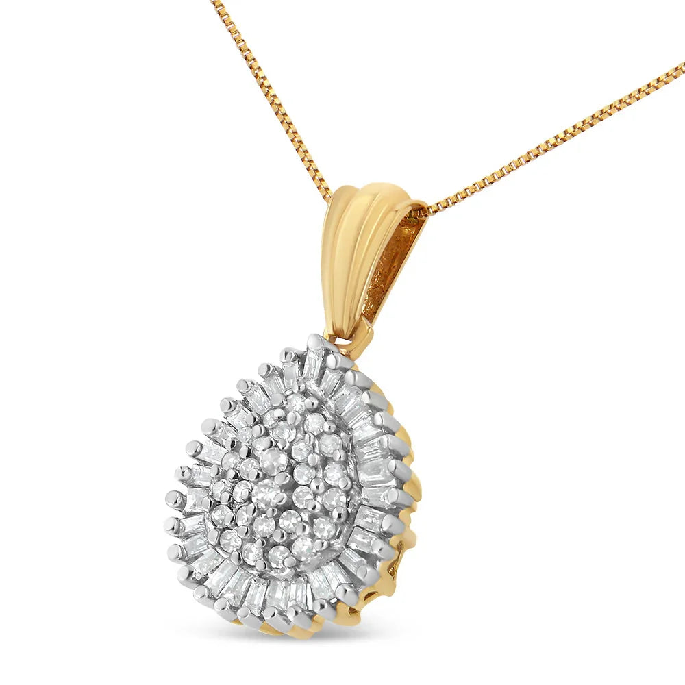 10K Gold 1/2 Cttw Round Bagutte-Cut Diamond Teardrop 18" Pendant Necklace
