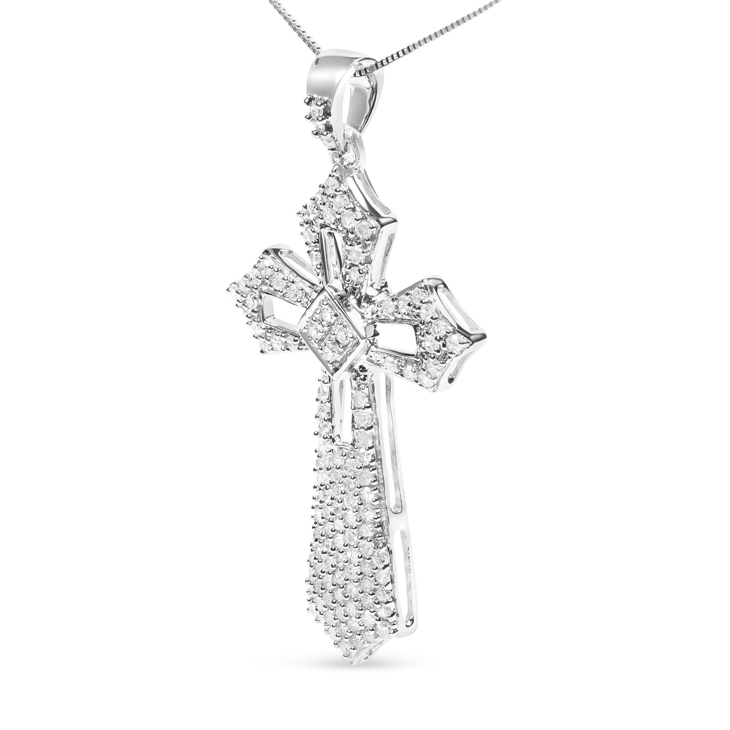 .925 Sterling Silver 1.00 Cttw Diamond Fleur De Lis Cross Pendant Necklace 18"