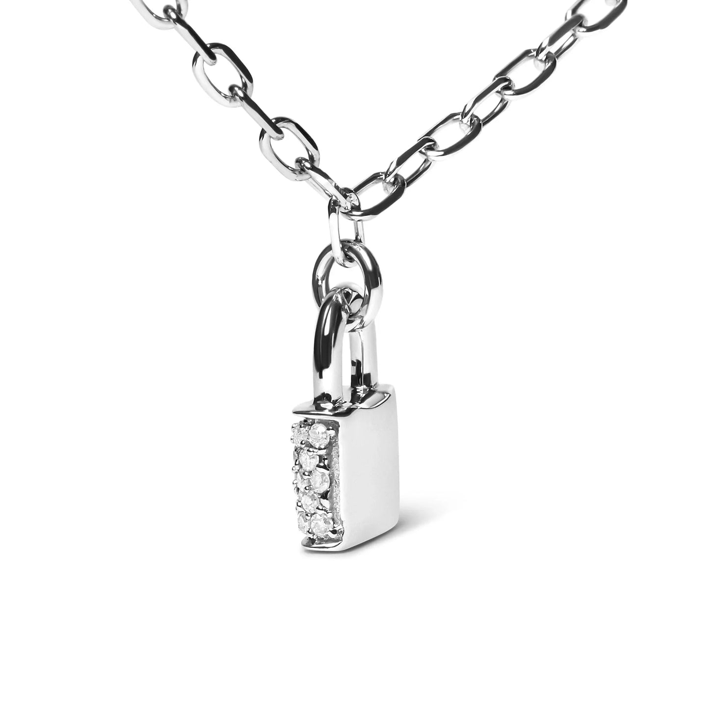 .925 Sterling Silver 1/4 Cttw Diamond Lock Pendant Necklace With Paperclip Chain