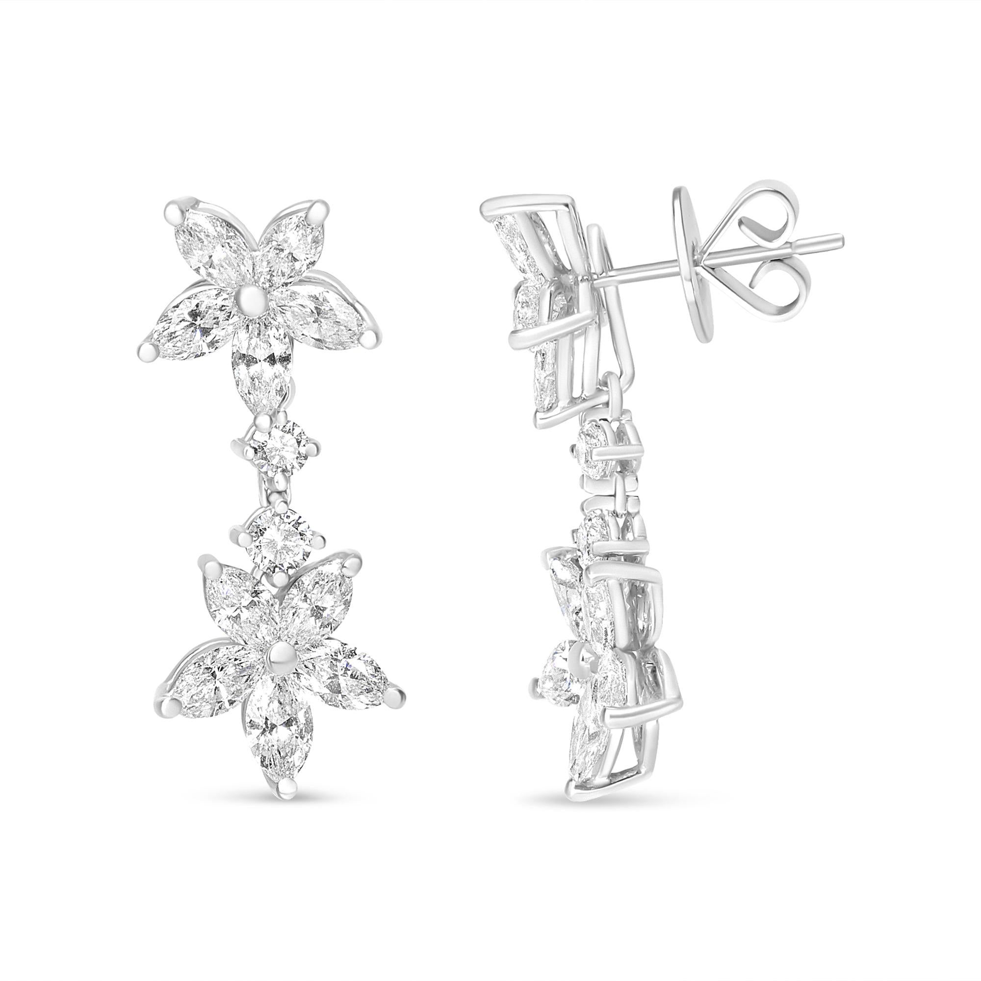 18K White Gold Marquise Diamond Floral Dangle Drop Earrings - Luxury Jewelry