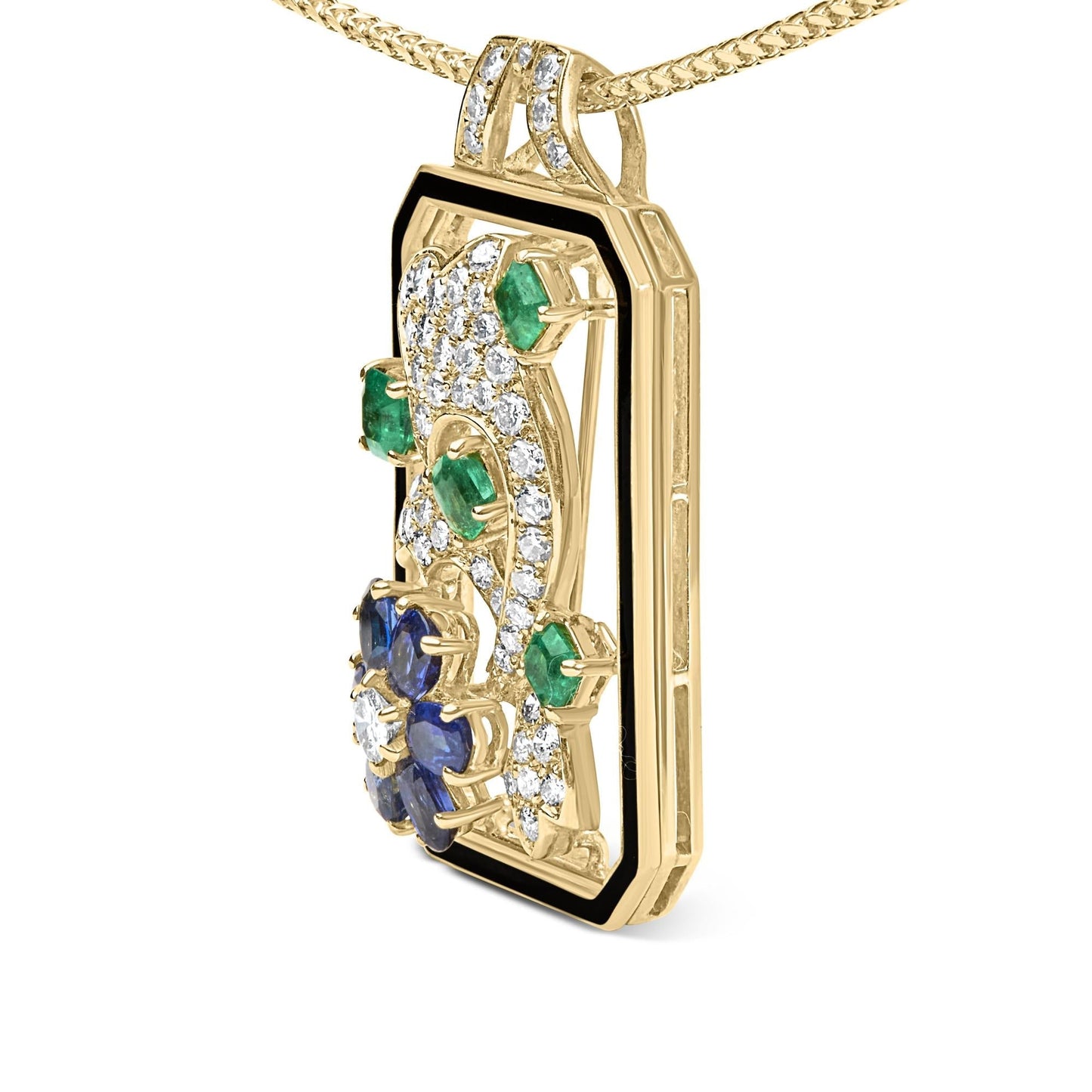 18K Yellow Gold Diamond, Sapphire & Emerald Dolphin Dog Tag Pendant Necklace