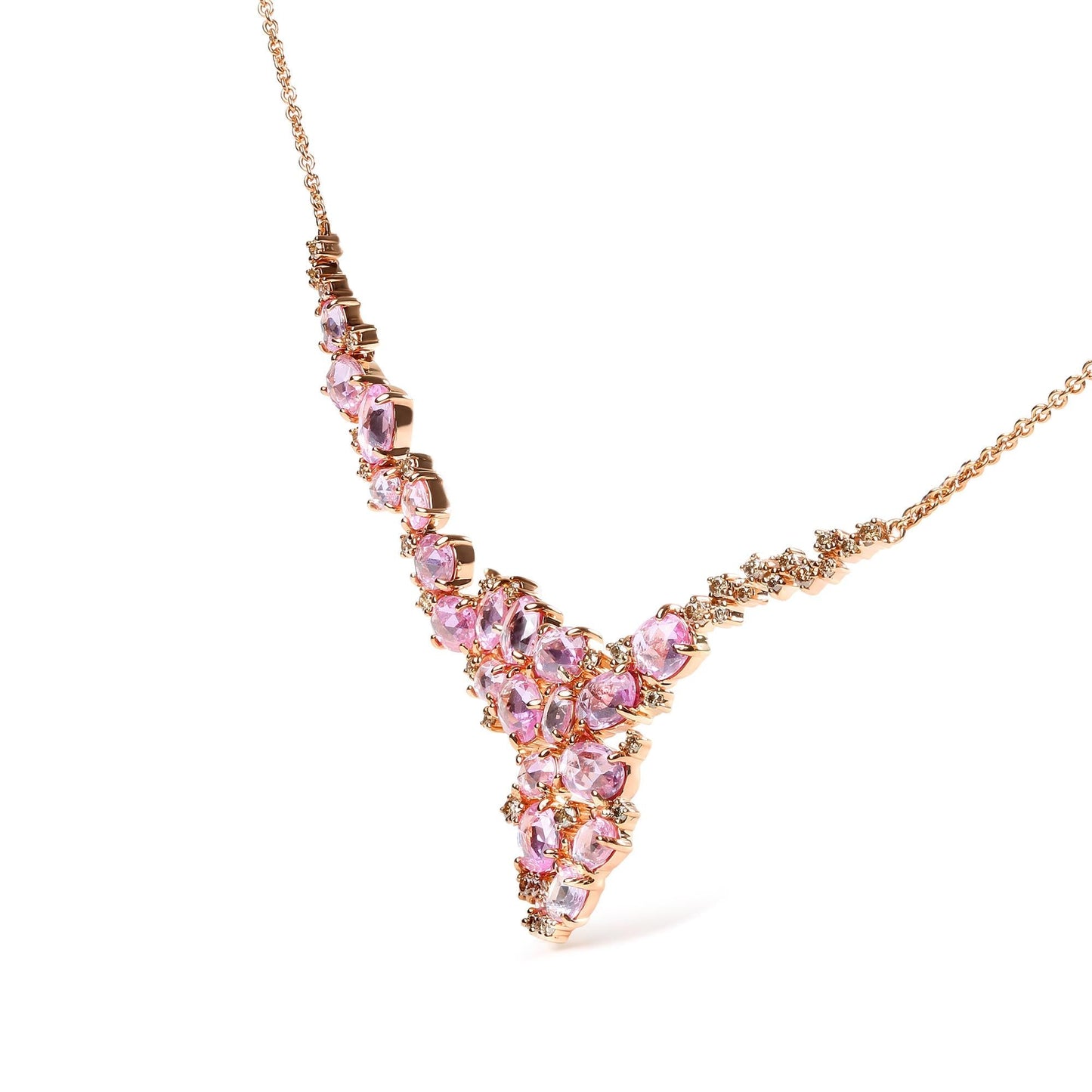 18K Rose Gold Brown Diamond Pink Sapphire Cluster Necklace 1/2 Ct Statement