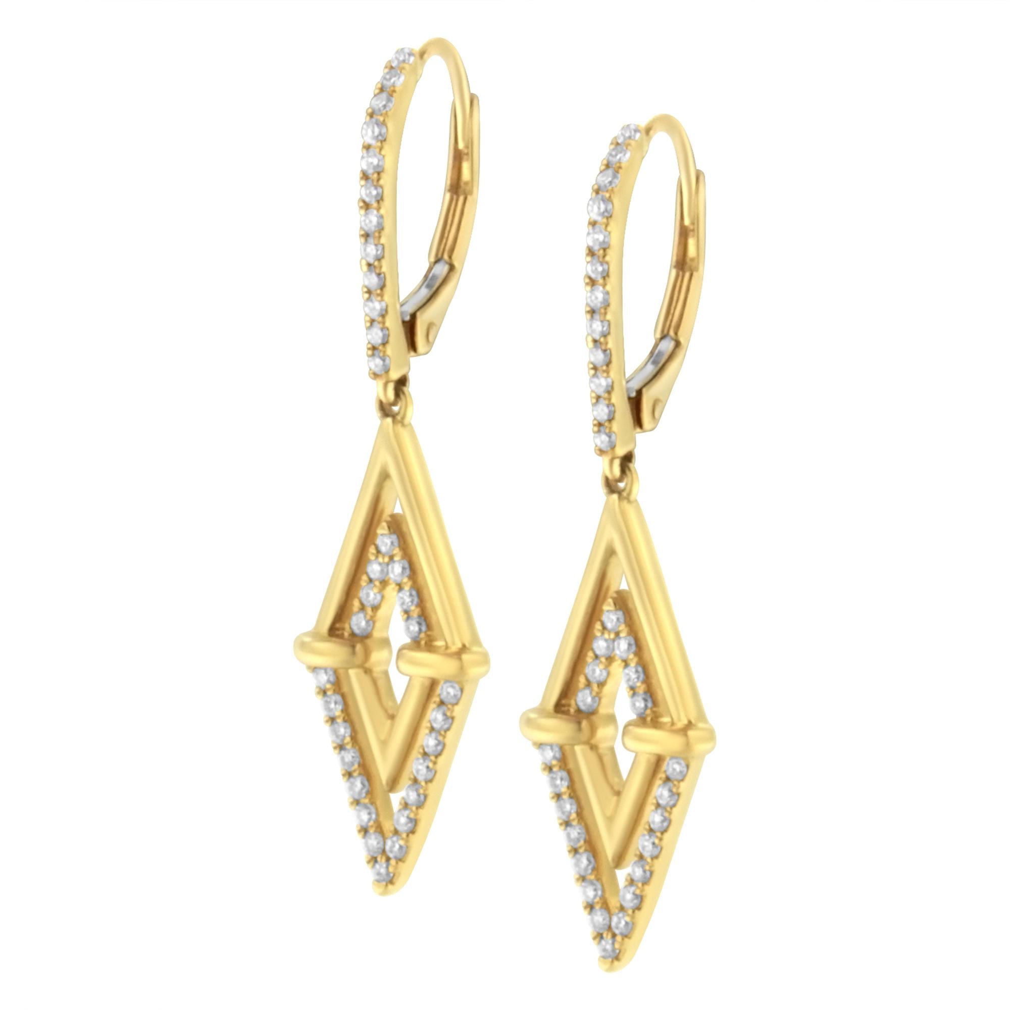14K Yellow Gold Diamond Double Triangle Drop Earrings - Luxury Jewelry