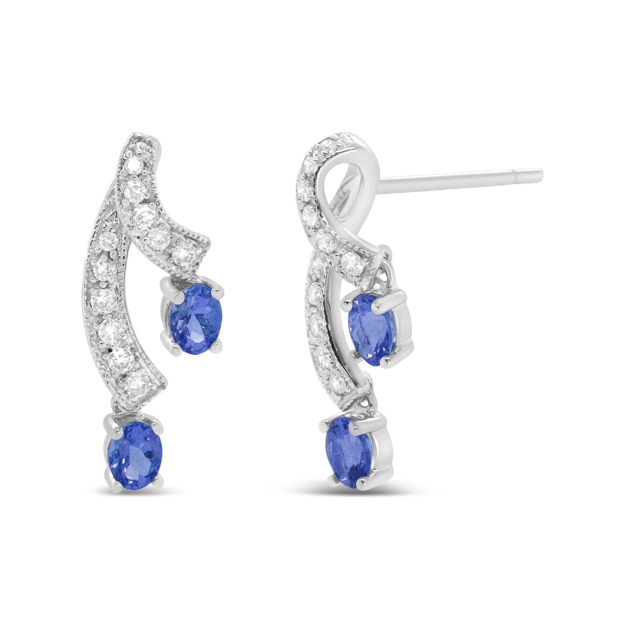 14K White Gold 4x3MM Oval Shaped Natural Blue Tanzanite Gemstone and 1/5 Cttw Diamond Double 3/4" Inch Drop Stud Earring