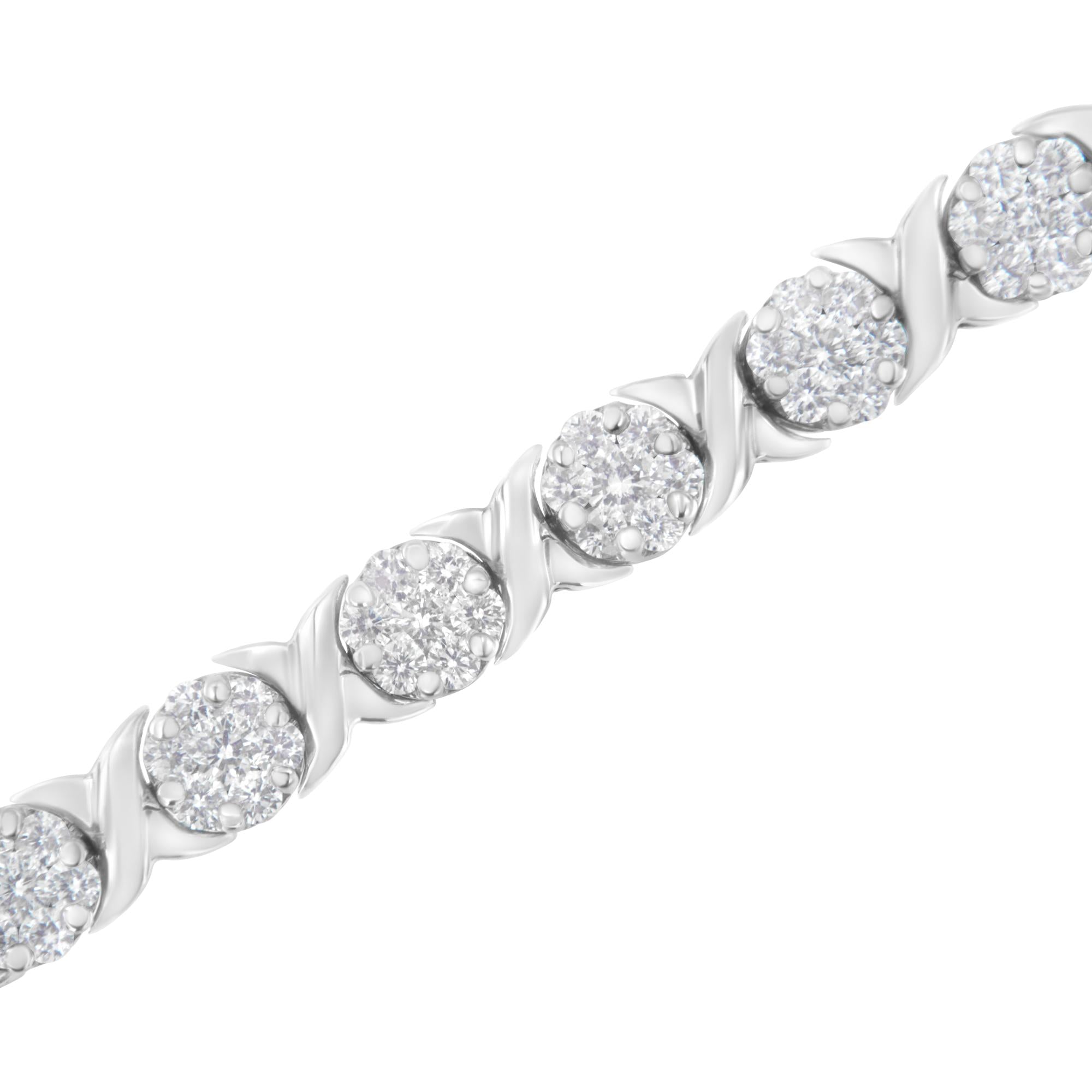14K White Gold Round Diamond Cluster & X-Link 7" Tennis Bracelet - Luxury Jewelry