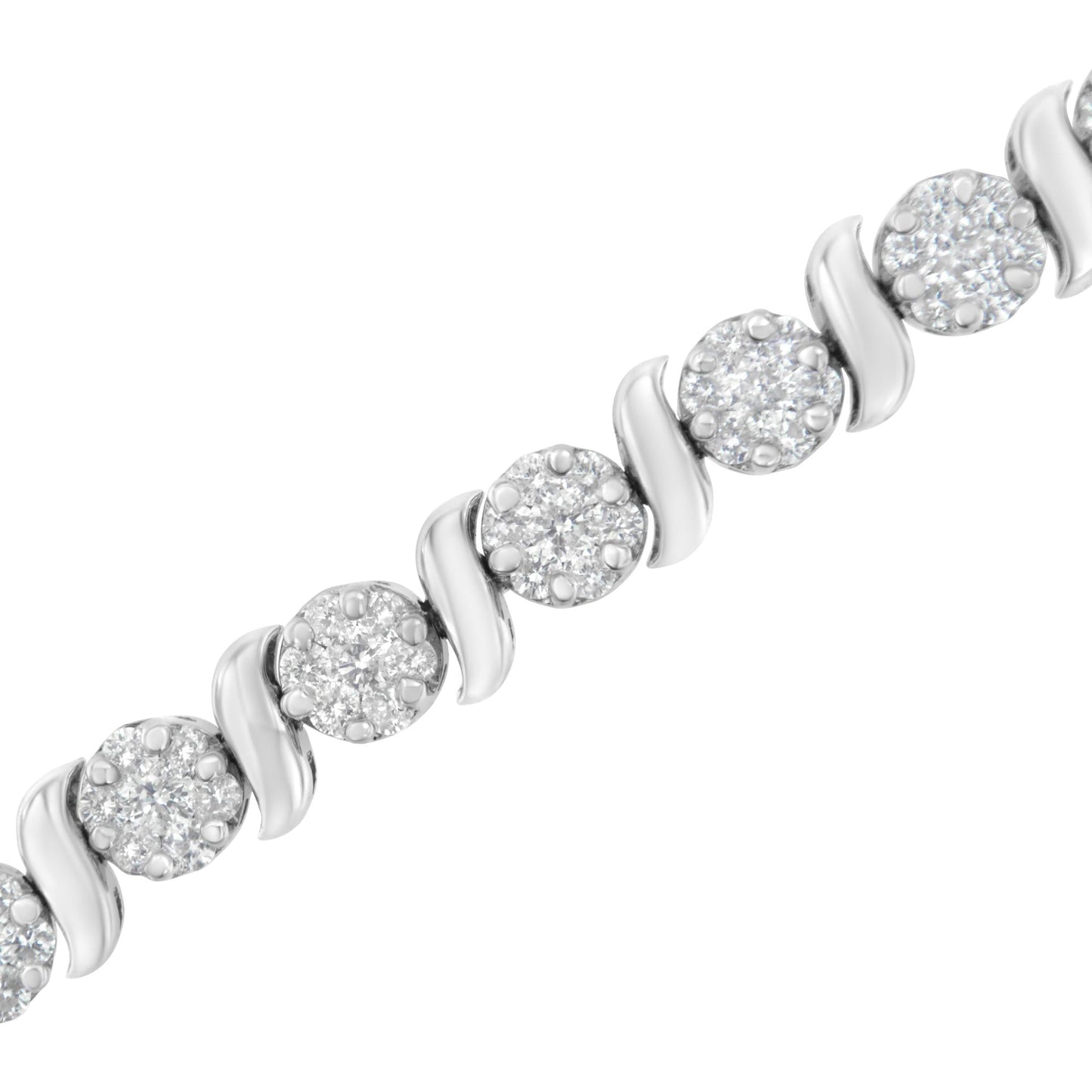 14K White Gold 5 1/4 Cttw Diamond S-Link Floral Cluster Tennis Bracelet 7