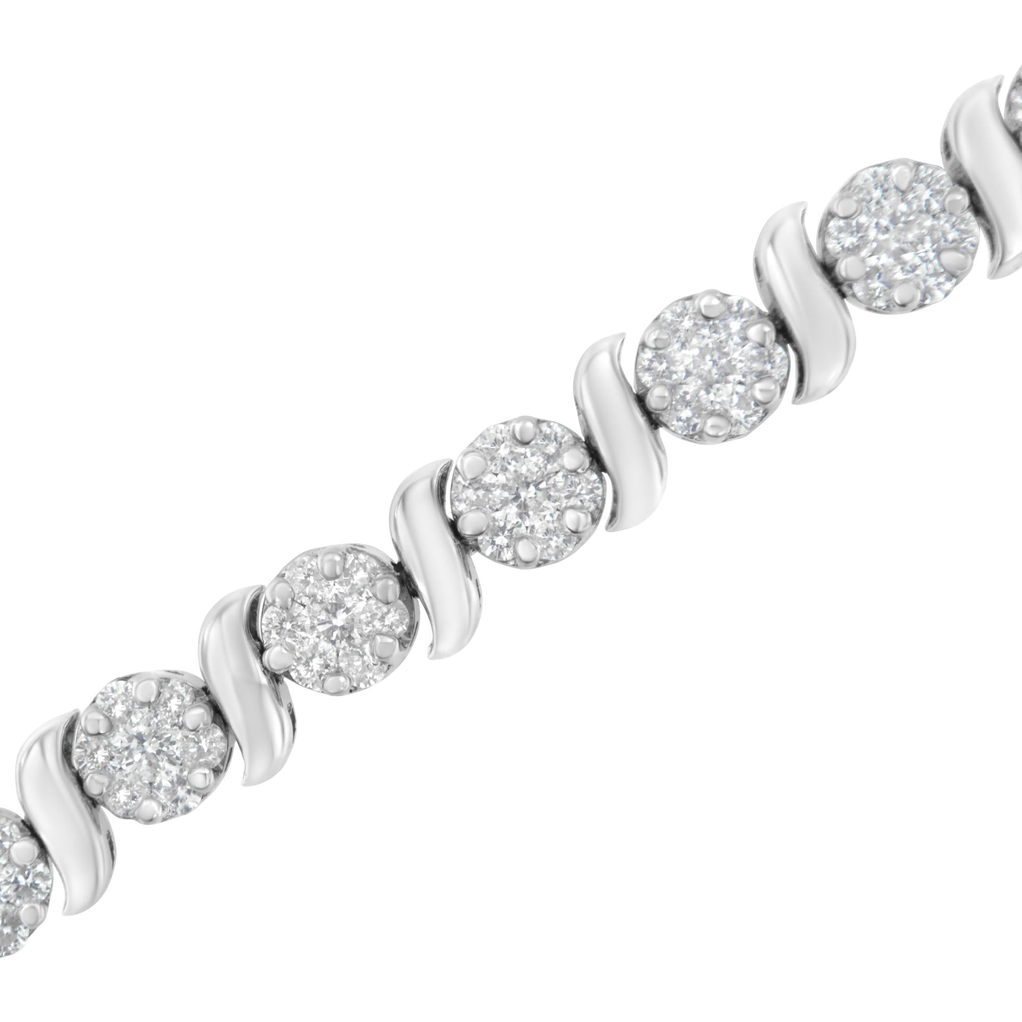 14K White Gold Diamond S-Link Floral Cluster Tennis Bracelet - Luxury Jewelry