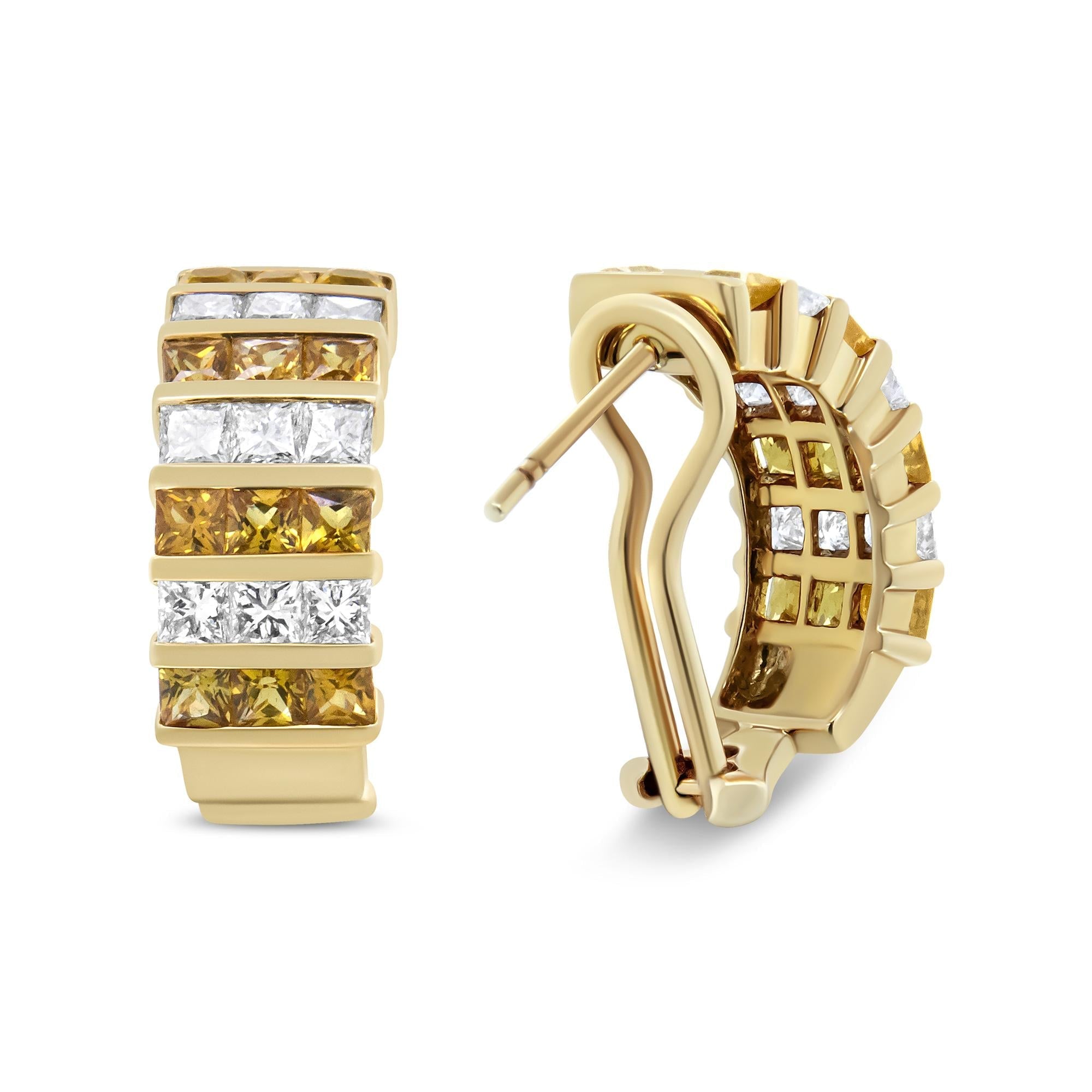 18K Yellow Gold Princess Cut Diamond & Yellow Sapphire Hoop Earrings - Luxury Jewelry