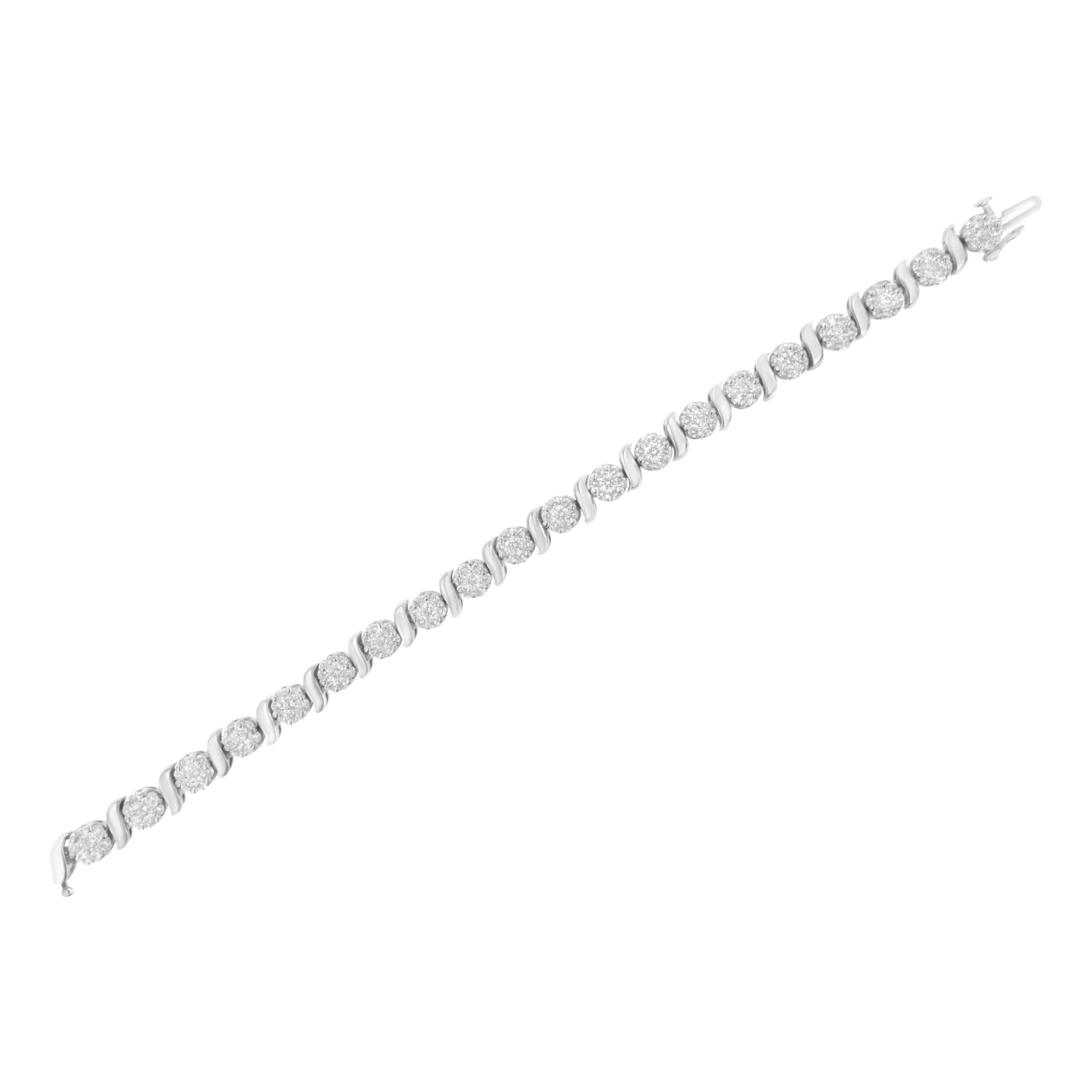 14K White Gold Diamond S-Link Floral Cluster Tennis Bracelet - Luxury Jewelry