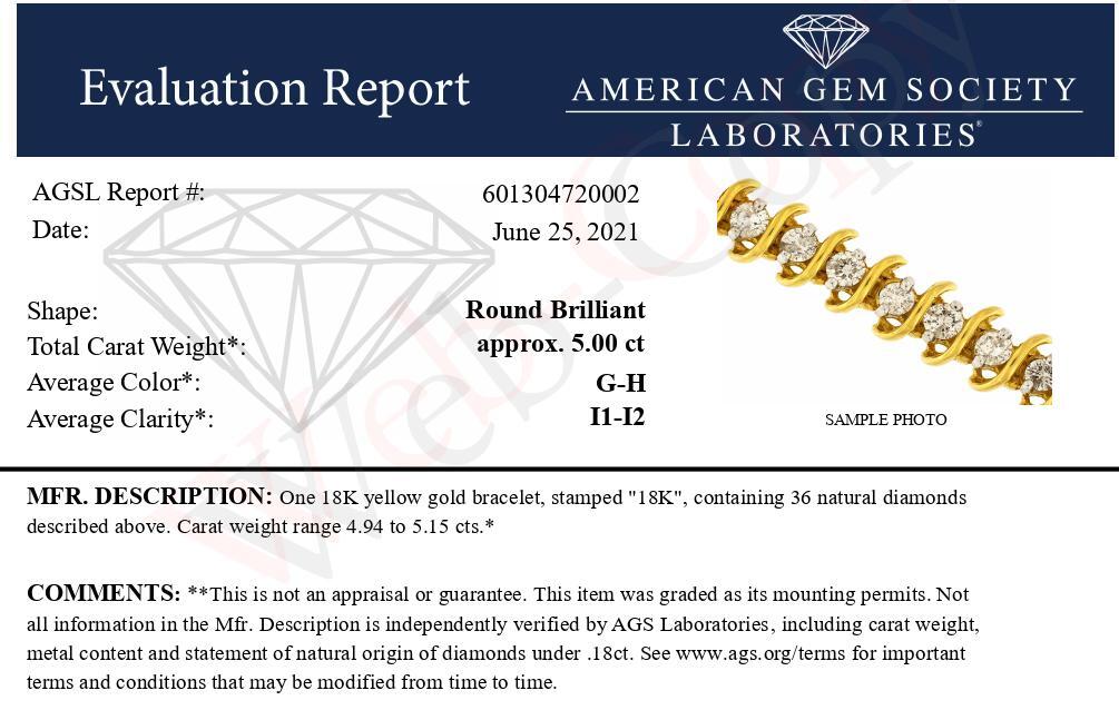 AGS Certified 18K Yellow Gold 5.00 Cttw Diamond S-Link Tennis Bracelet