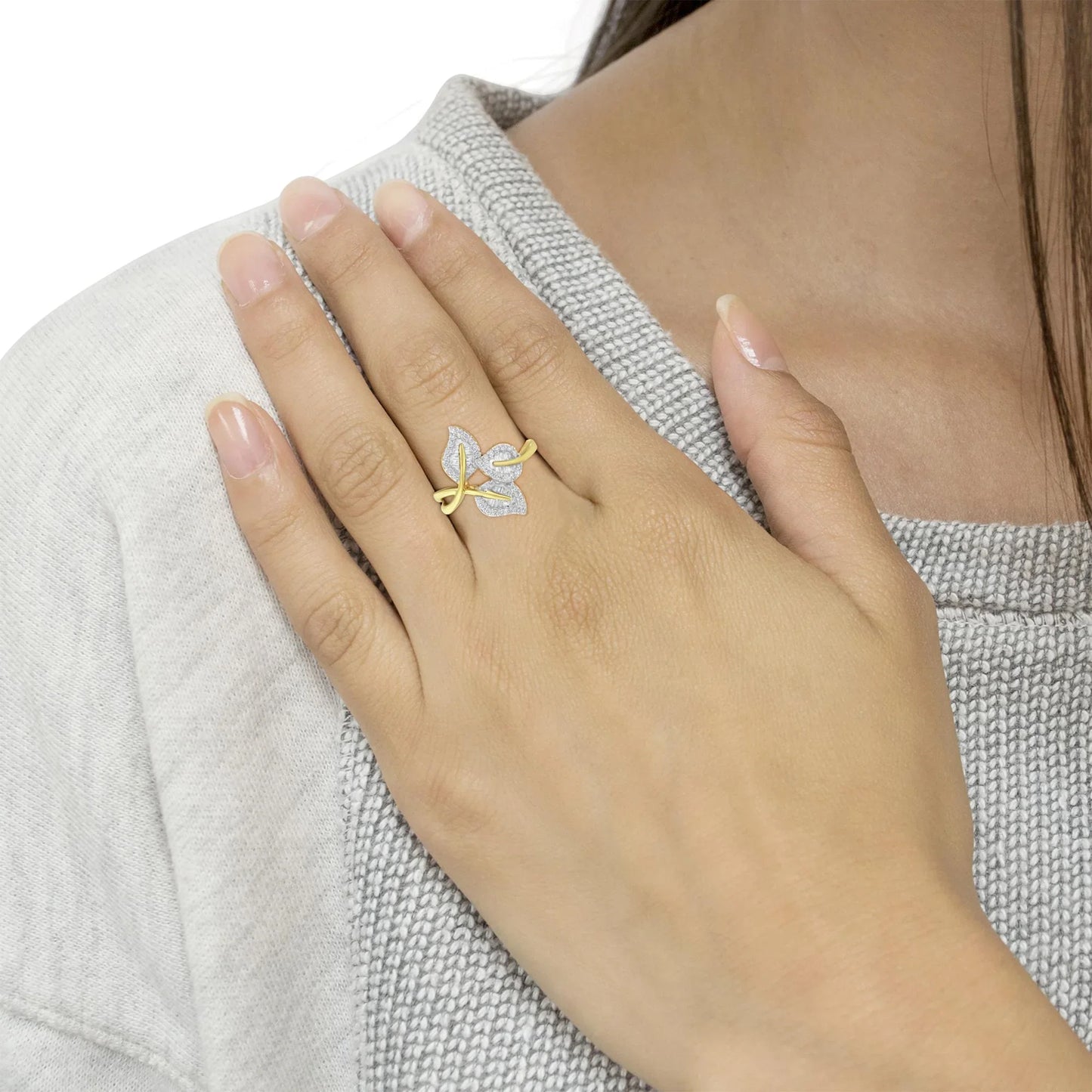 18K Gold Plated Sterling Silver Diamond Triple Leaf Ring 3/8 Ct Baguette