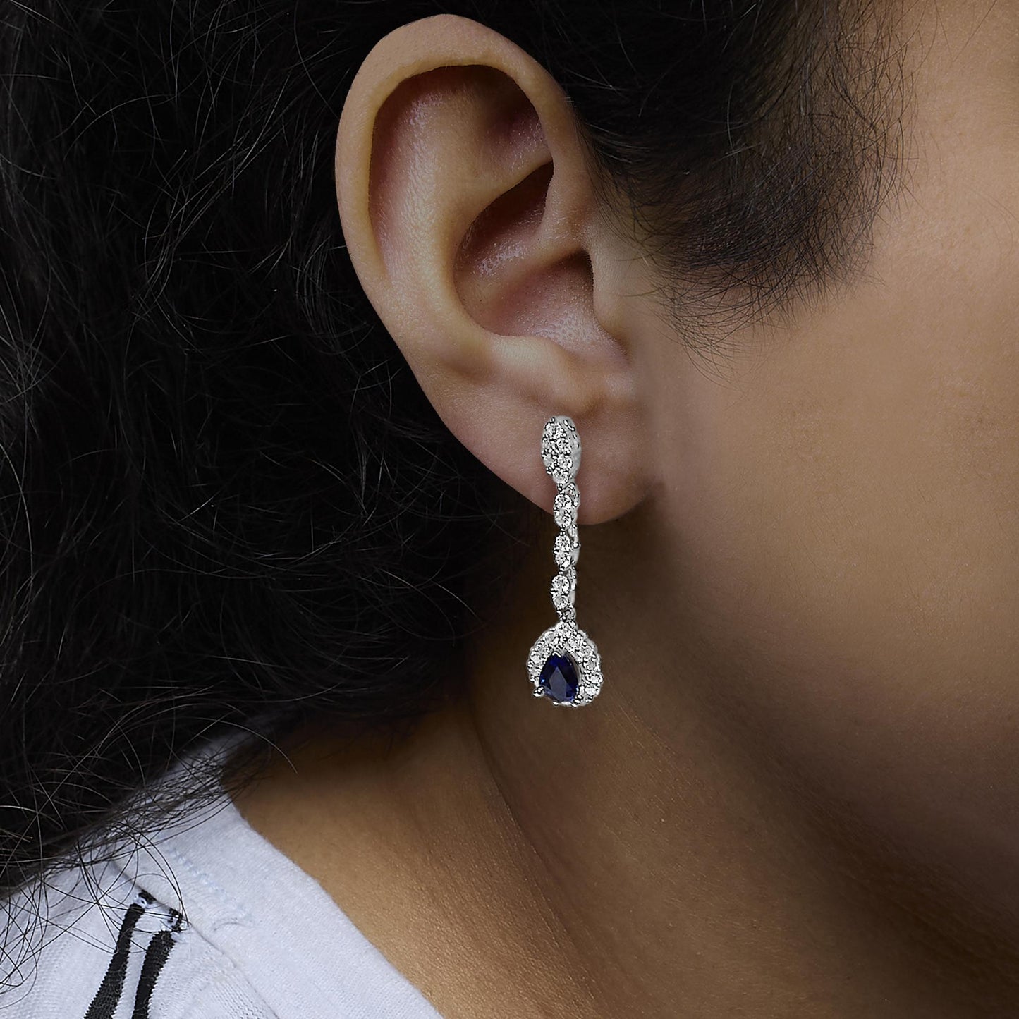 18K White Gold Diamond & Blue Sapphire Drop Halo Earrings - Luxury Jewelry