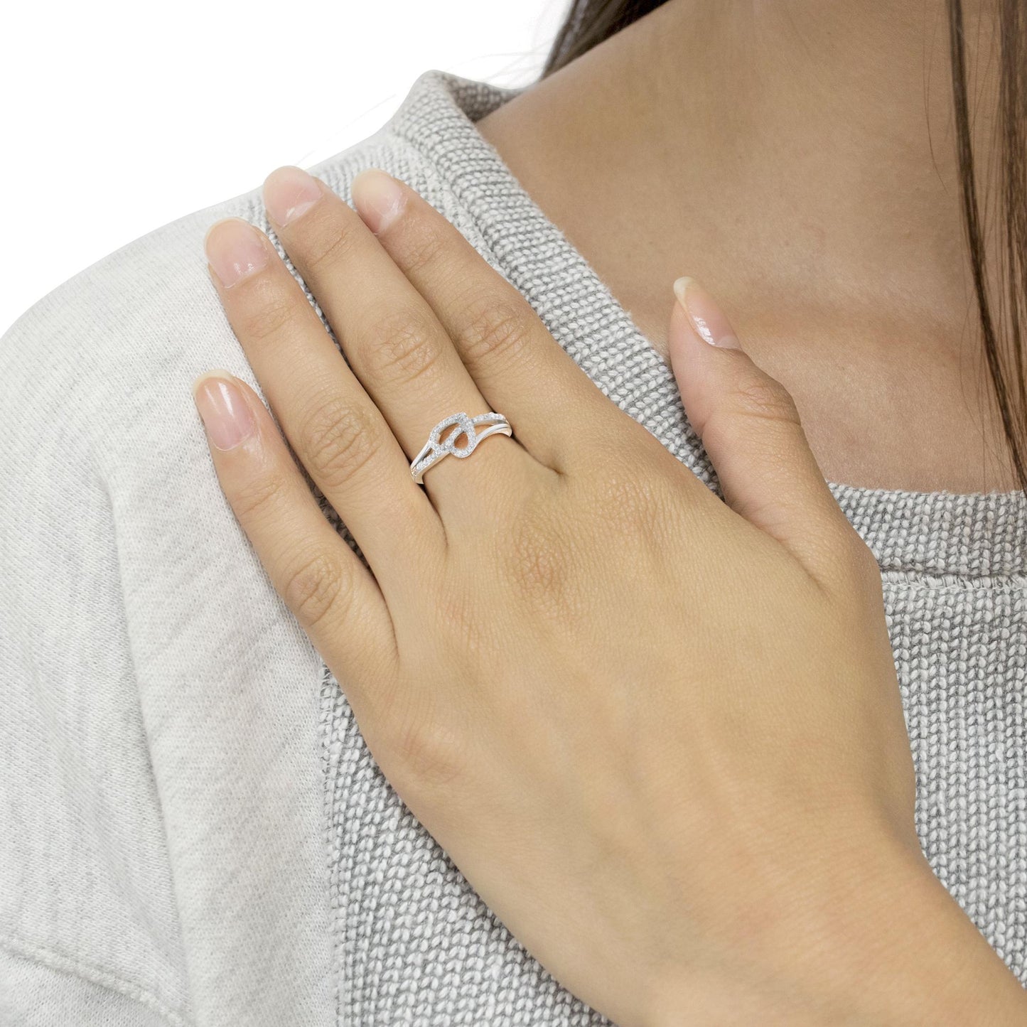 .925 Silver 1/8 Cttw Diamond Heart Leaf Bypass Ring, I-J Color, I2-I3 Clarity