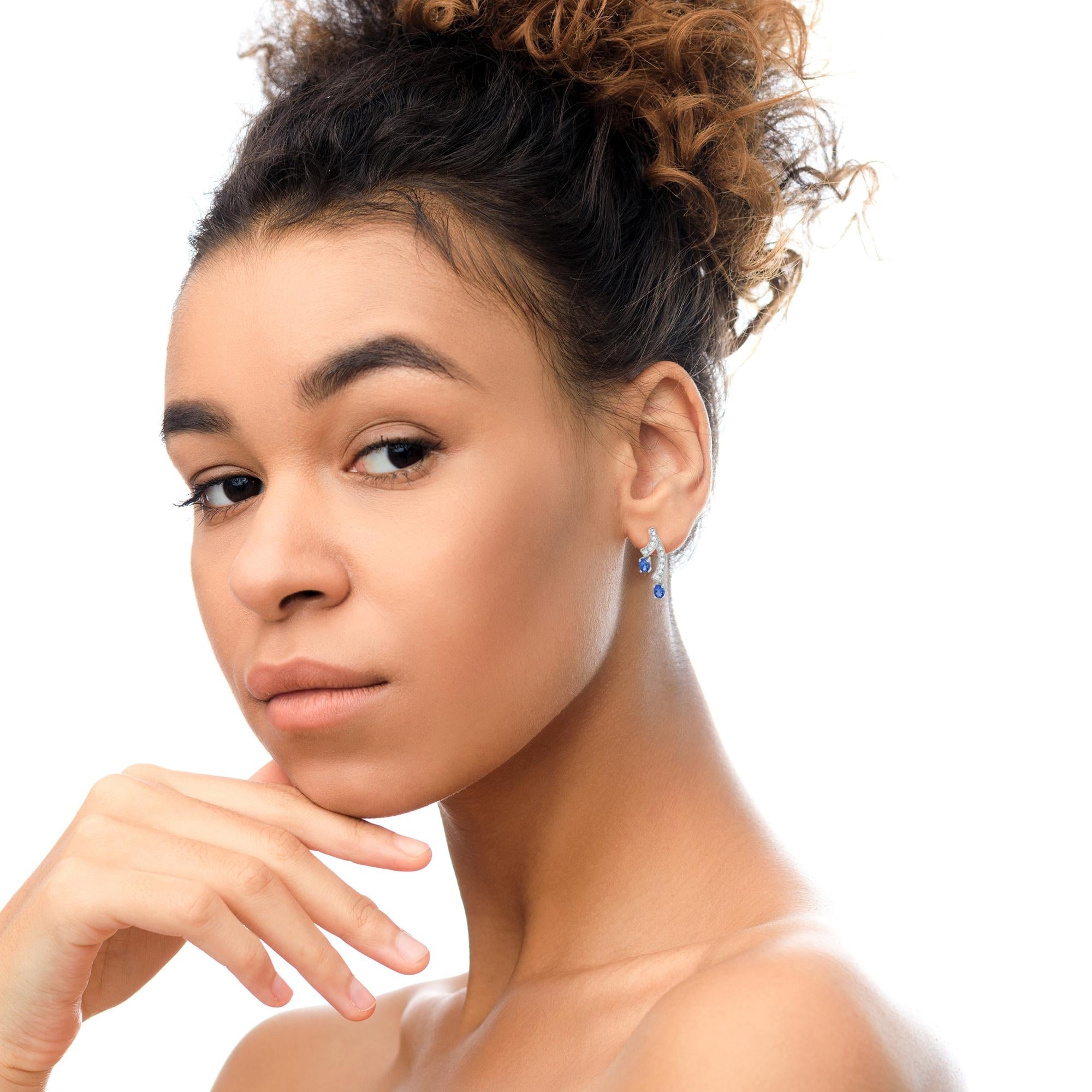 14K White Gold 4x3MM Oval Shaped Natural Blue Tanzanite Gemstone and 1/5 Cttw Diamond Double 3/4" Inch Drop Stud Earring