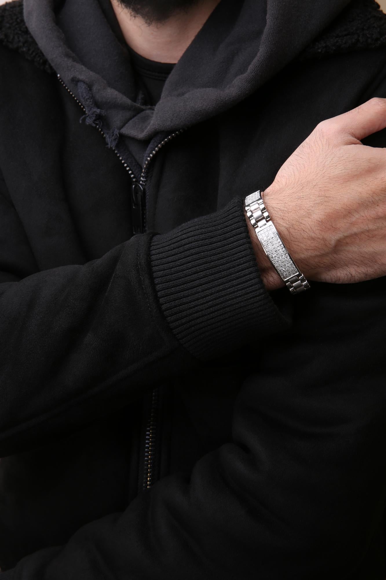14K White Gold Men's Princess Diamond Invisible Set Tennis Bracelet - Luxury Jewelry