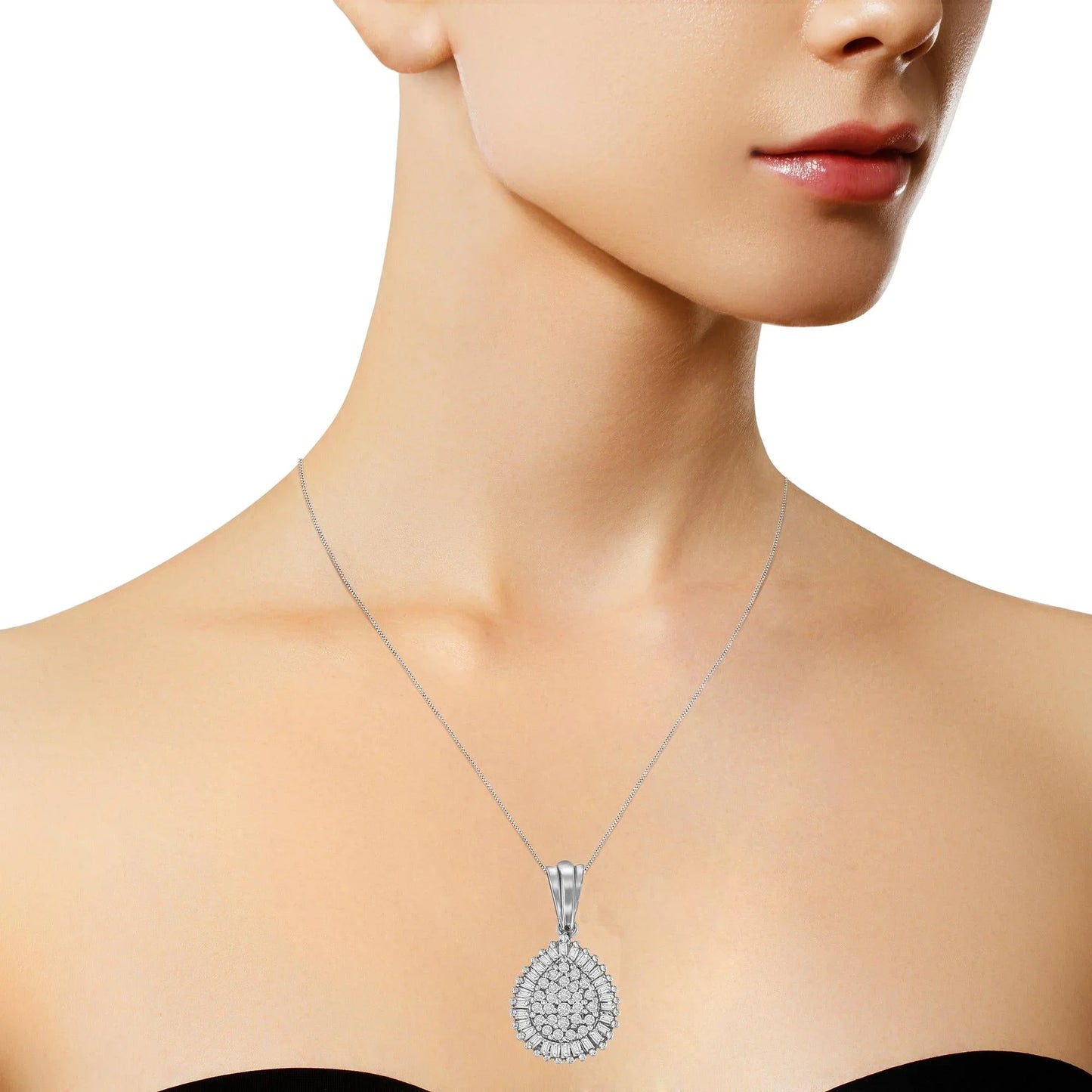 10K Gold 1/2 Cttw Round Bagutte-Cut Diamond Teardrop 18" Pendant Necklace