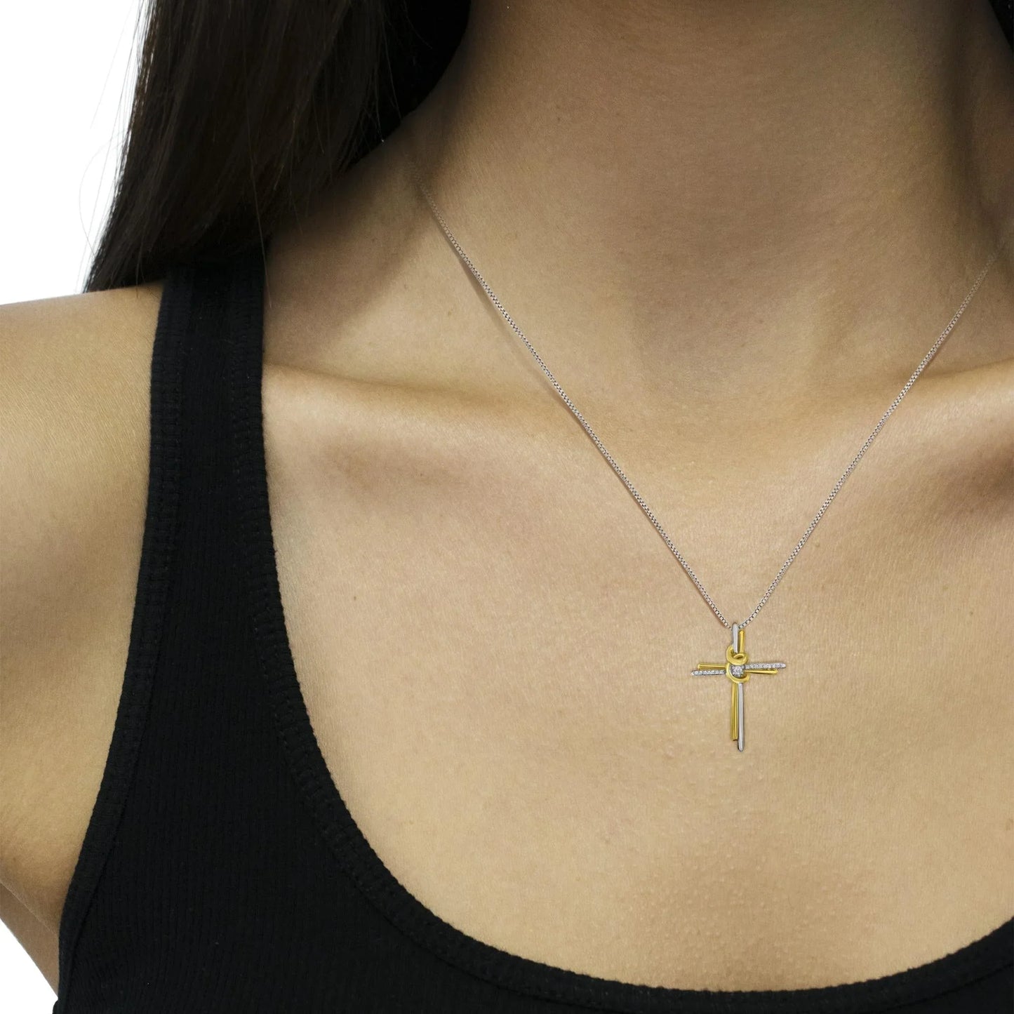 10K Two-Tone Yellow & White Gold Diamond-Accented Cross 18" Pendant Necklace