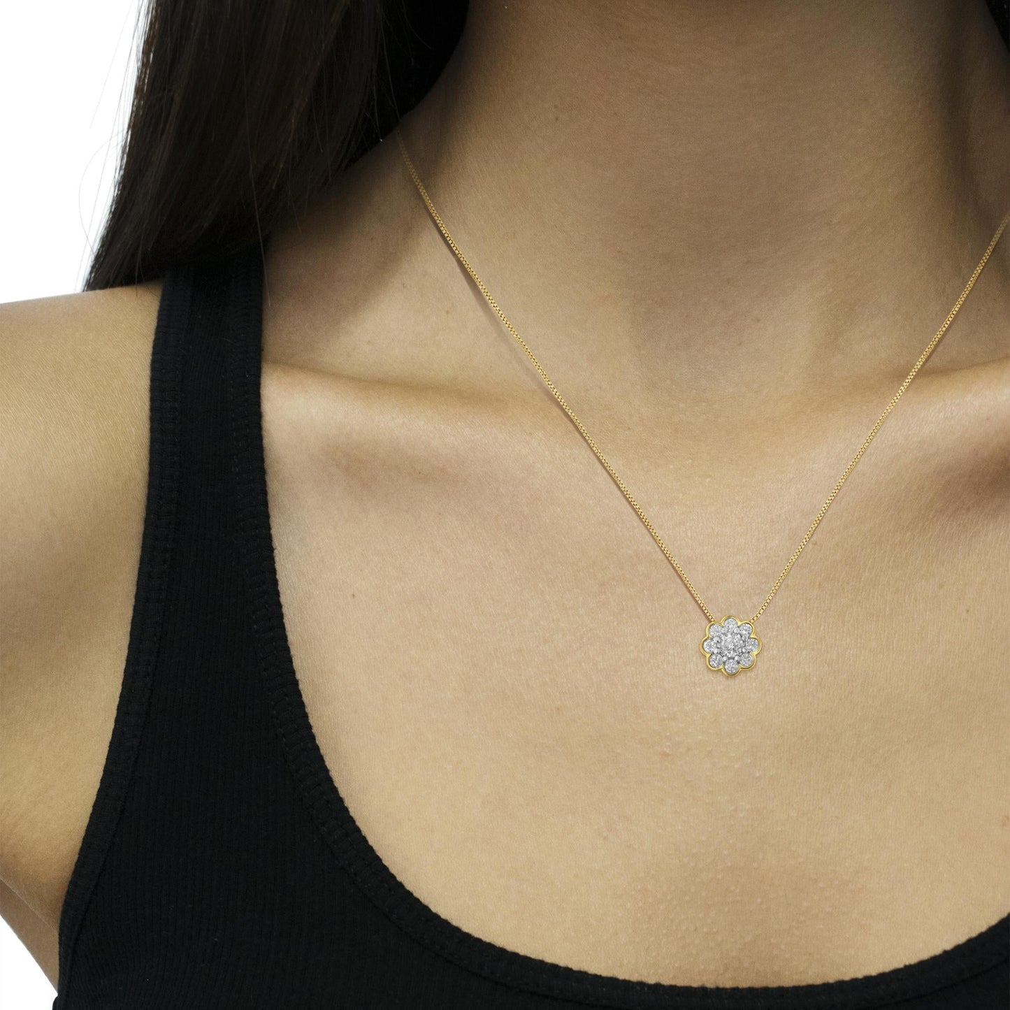 10K Gold Plated Sterling Silver 1/4 Cttw Diamond Cluster Pendant Necklace