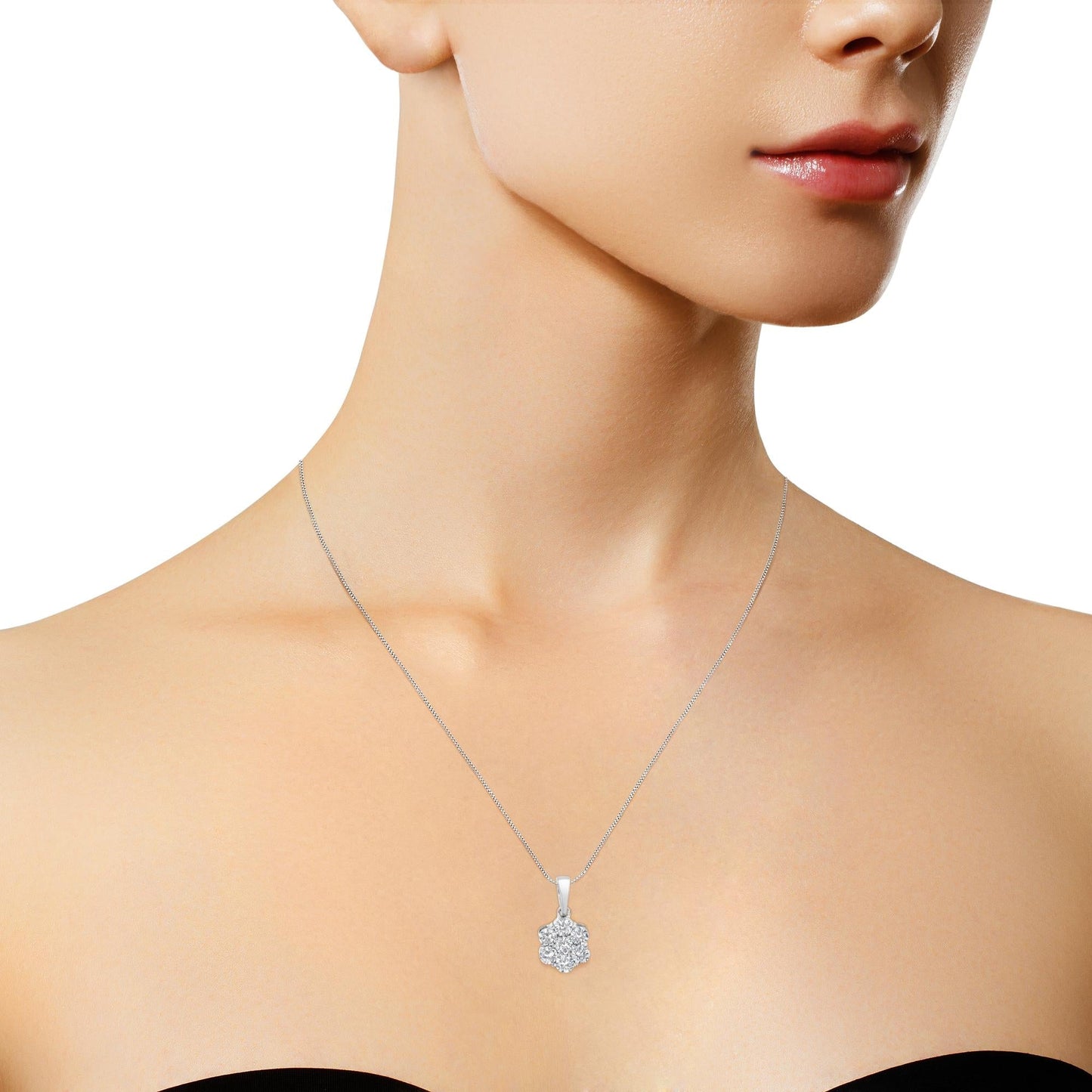 14K White Gold 1 Ct Round Diamond Flower Pendant Necklace 18" 7-Stone F-G