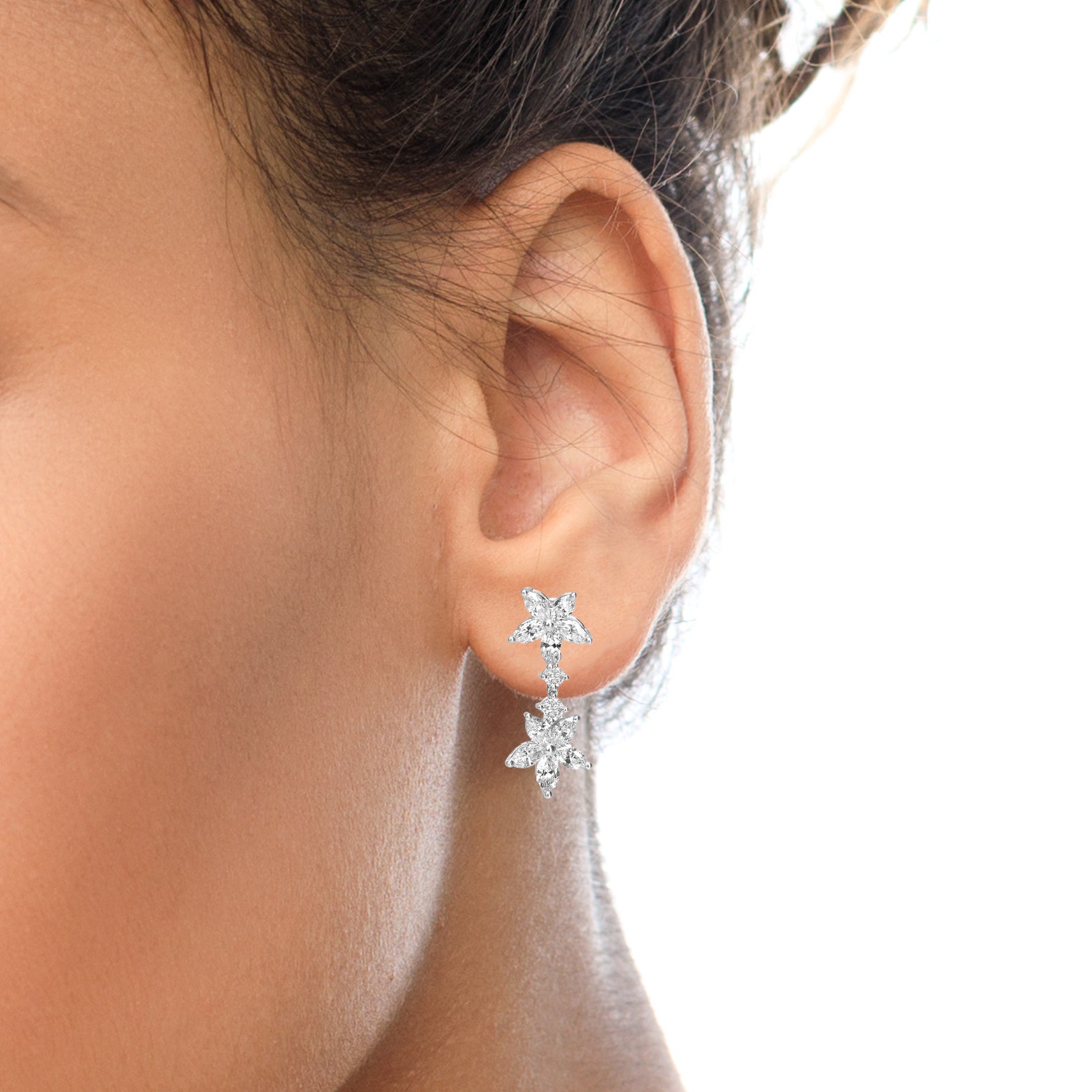 18K White Gold Marquise Diamond Floral Dangle Drop Earrings - Luxury Jewelry