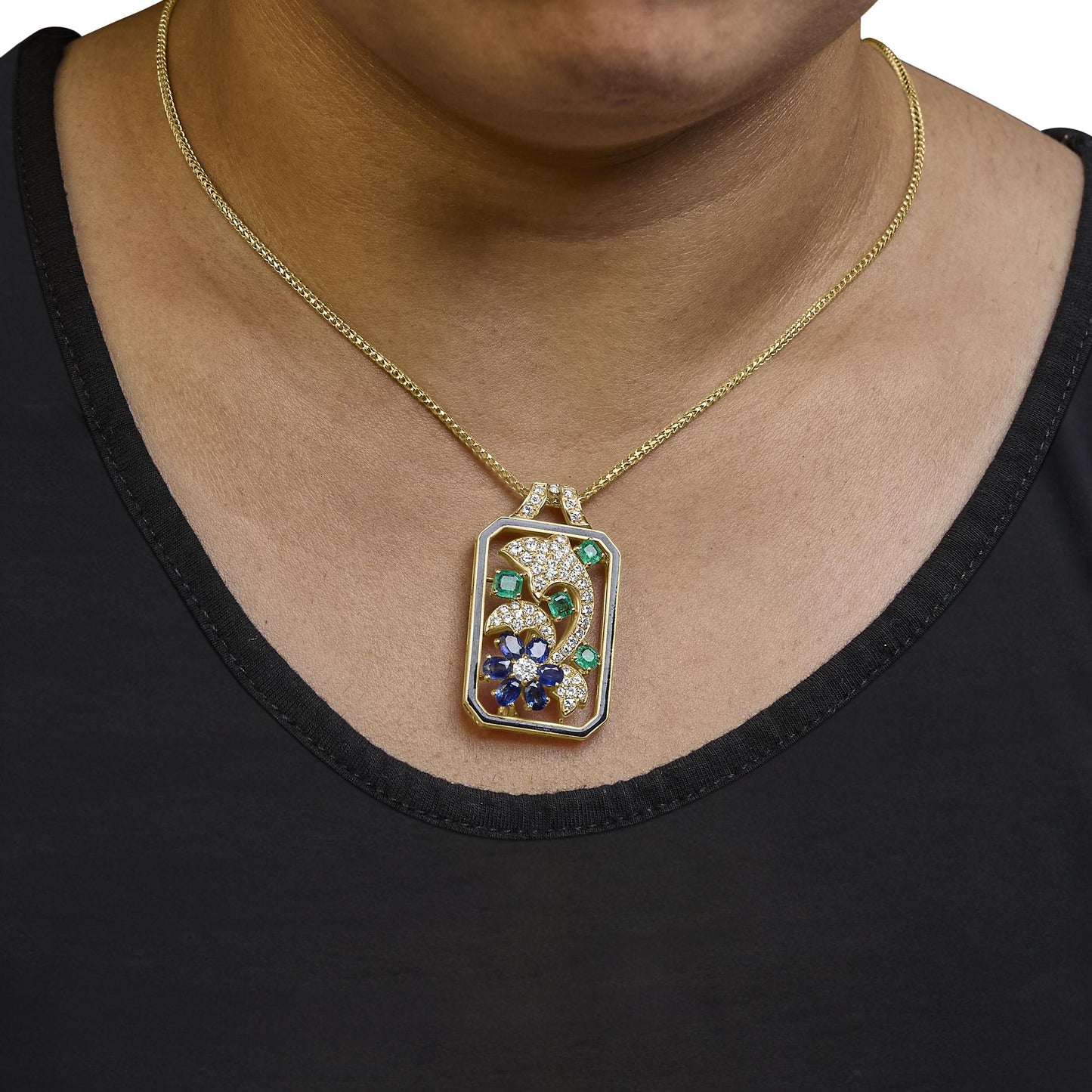 18K Yellow Gold Diamond, Sapphire & Emerald Dolphin Dog Tag Pendant Necklace