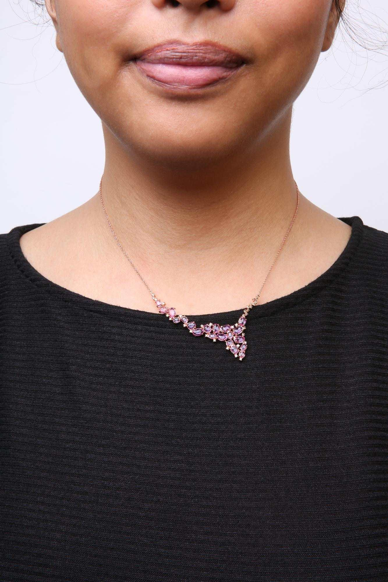 18K Rose Gold Brown Diamond Pink Sapphire Cluster Necklace 1/2 Ct Statement