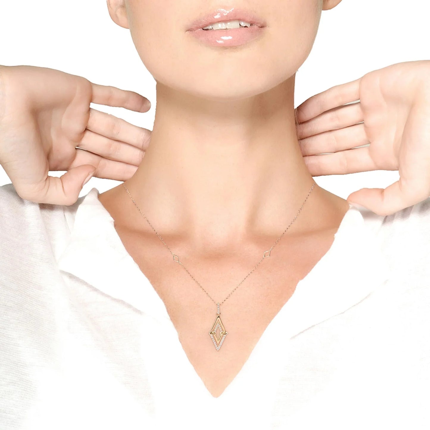 14K Gold Diamond Double Triangle Pendant Necklace 1/4 Ct 18" Geometric