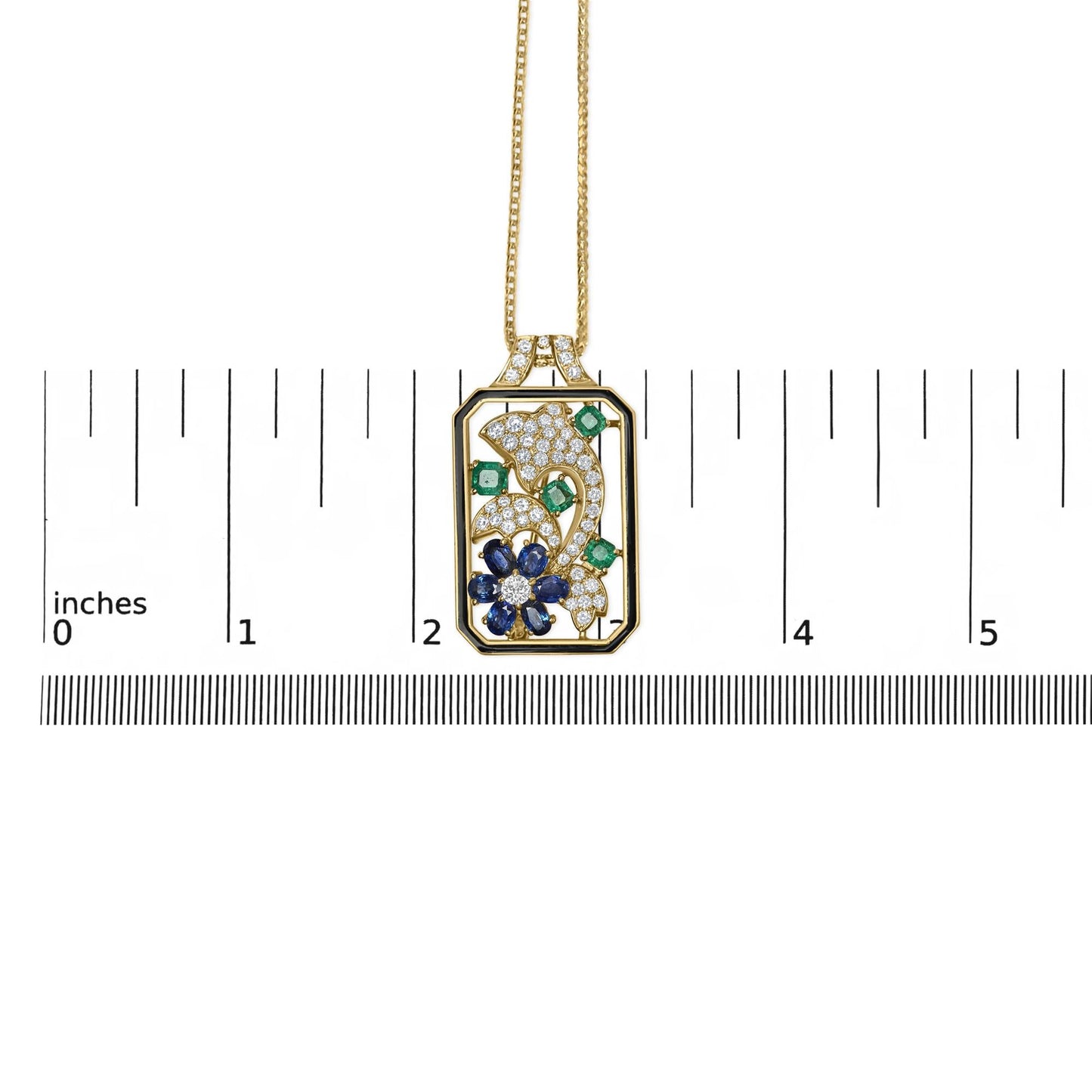 18K Yellow Gold Diamond, Sapphire & Emerald Dolphin Dog Tag Pendant Necklace